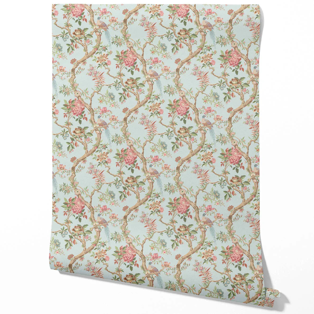 Floral/ Bird Print Chinoiserie Kids Room Wallpaper Sample (Blue/ Coral Pink/ Green)
