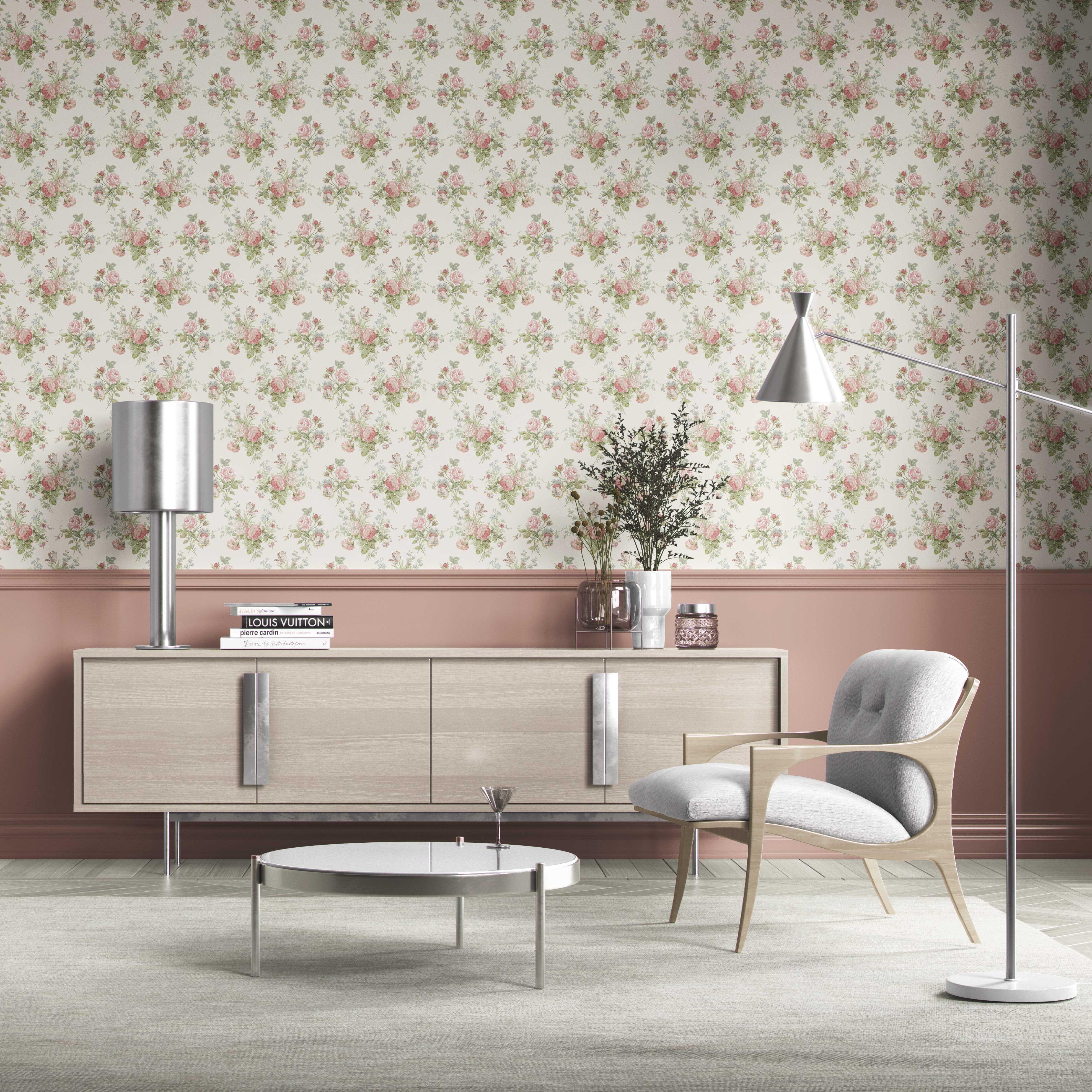 Patterned Floral Block Print Kitchen Wallpaper Sample (Cream/ Soft Pink/ Green/ Blue)