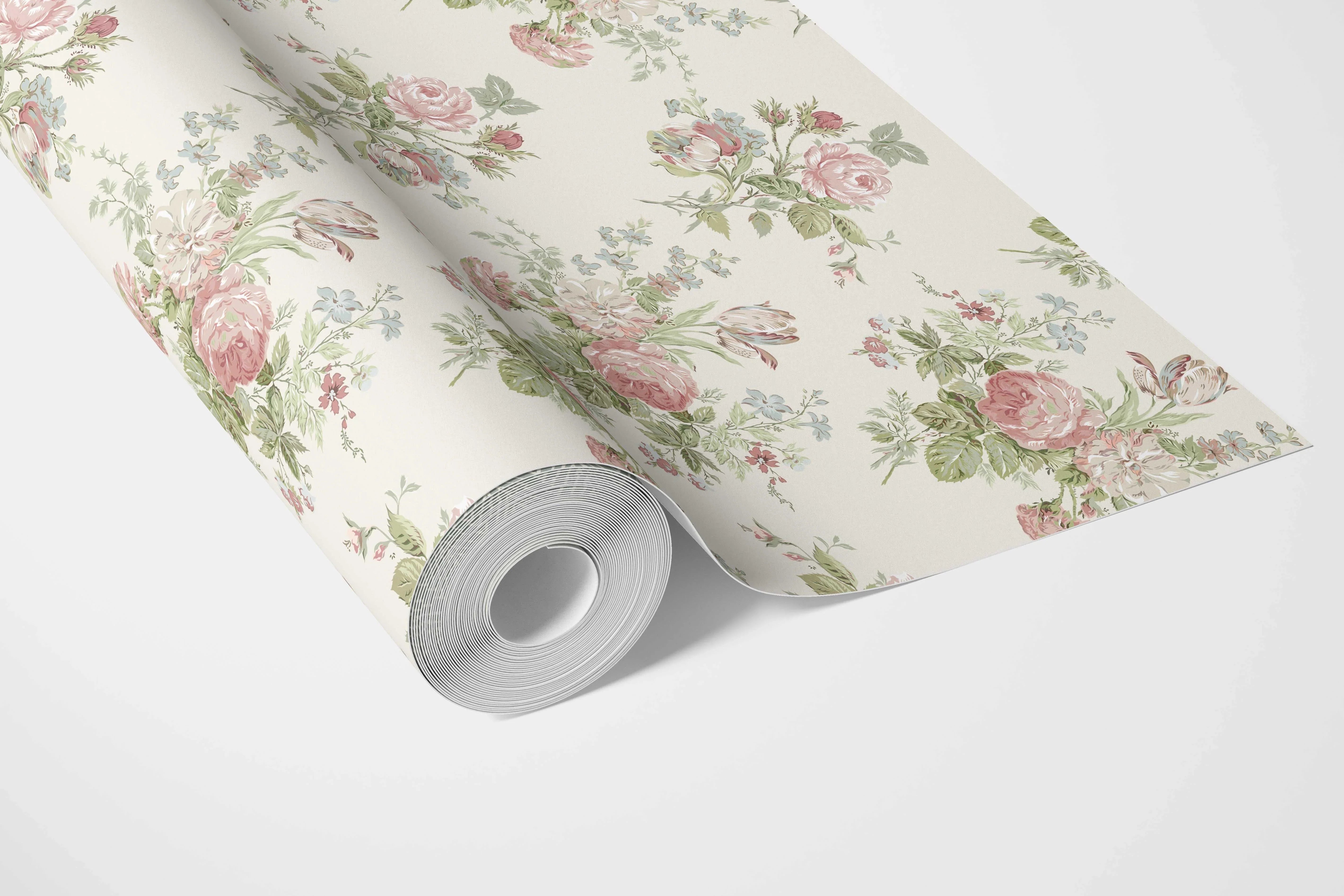 Patterned Floral Block Print Bathroom Wallpaper Sample (Cream/ Soft Pink/ Green/ Blue)