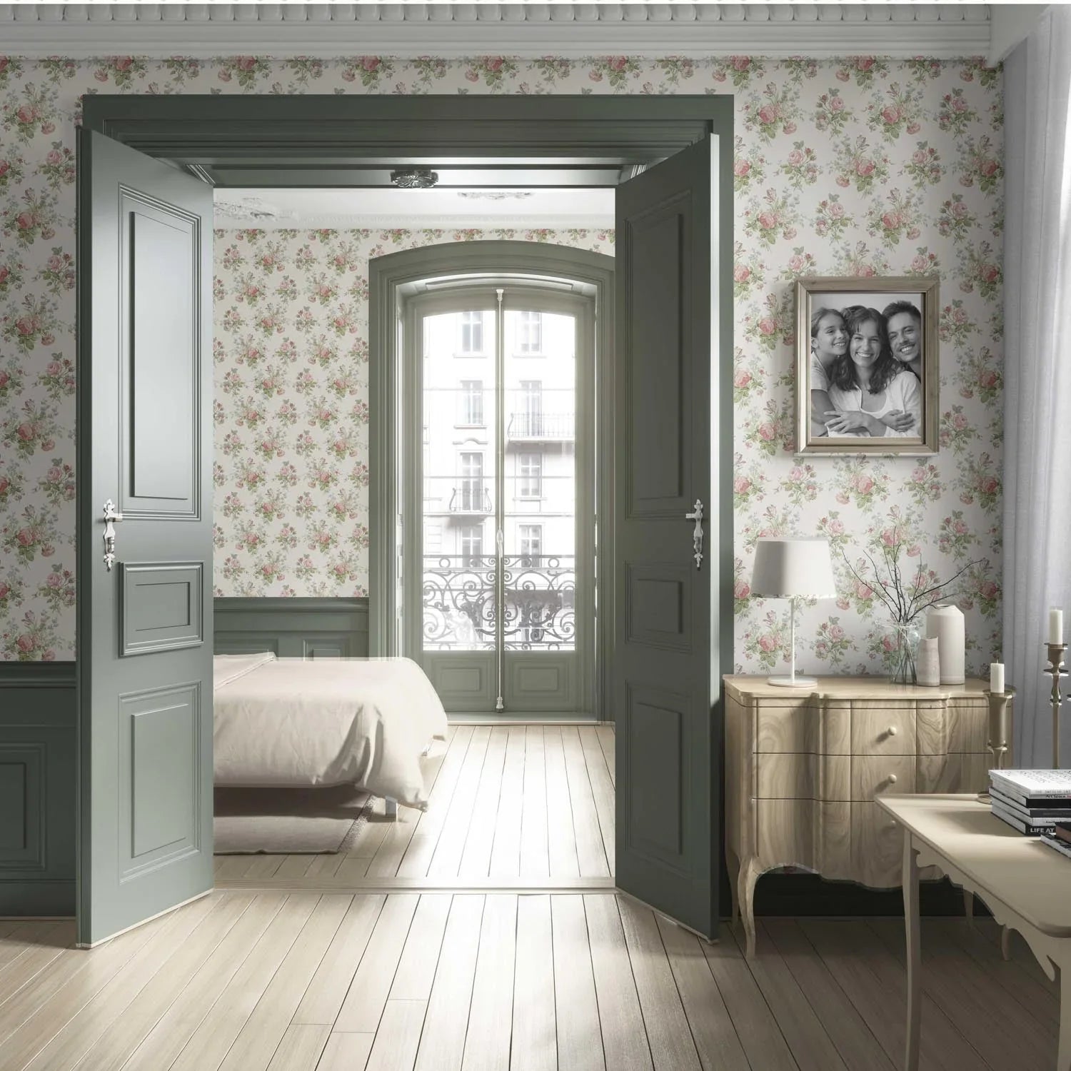 Patterned Floral Block Print Living Room Wallpaper Sample (Cream/ Soft Pink/ Green/ Blue)