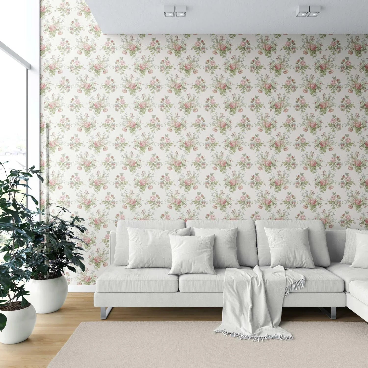 Patterned Floral Block Print Shower Toilet Wallpaper Sample (Cream/ Soft Pink/ Green/ Blue)