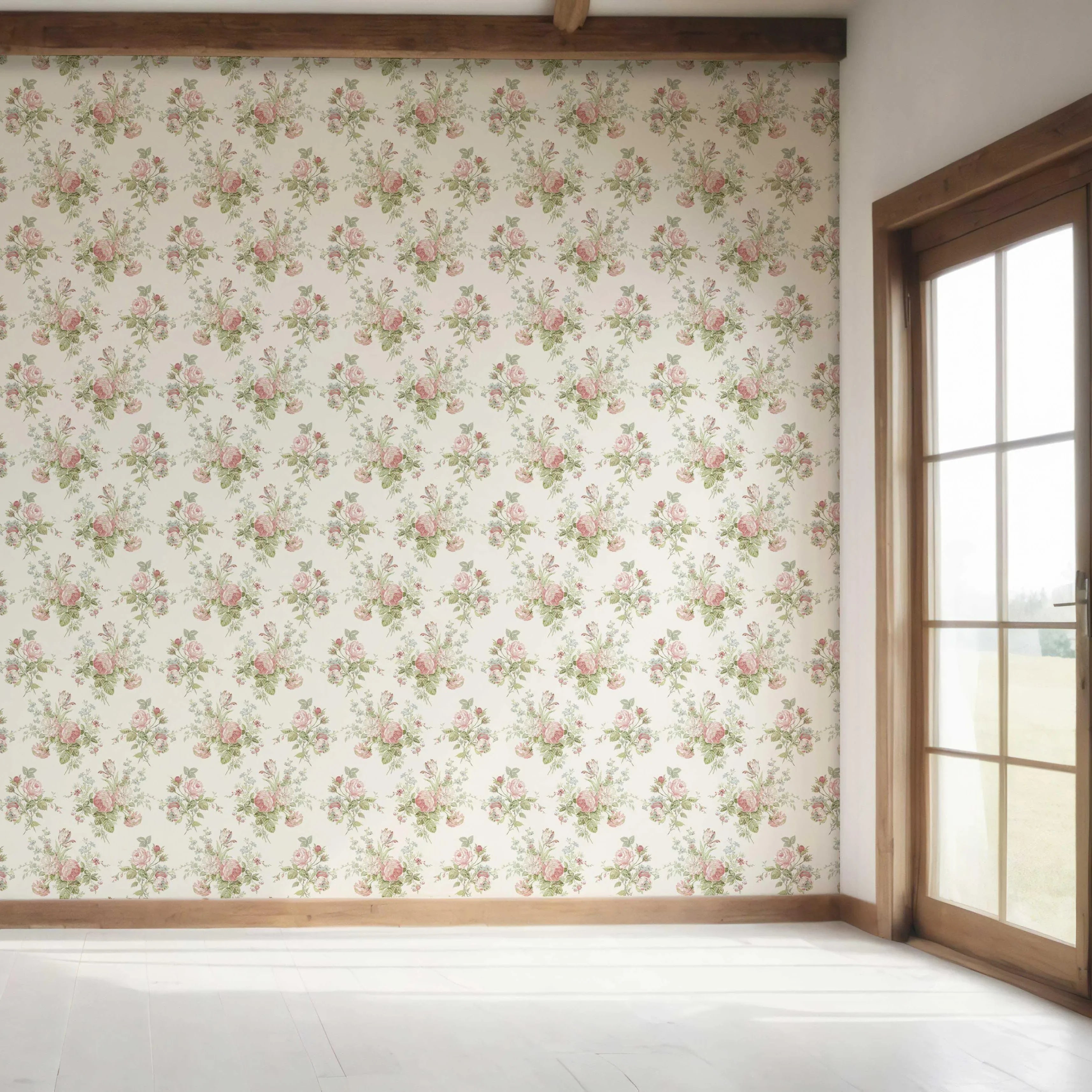 Patterned Floral Block Print Bedroom Wallpaper Sample (Cream/ Soft Pink/ Green/ Blue)