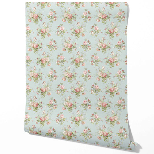 Patterned Floral Block Print Traditional Wallpaper Sample (Blue/ Pink/ Green)