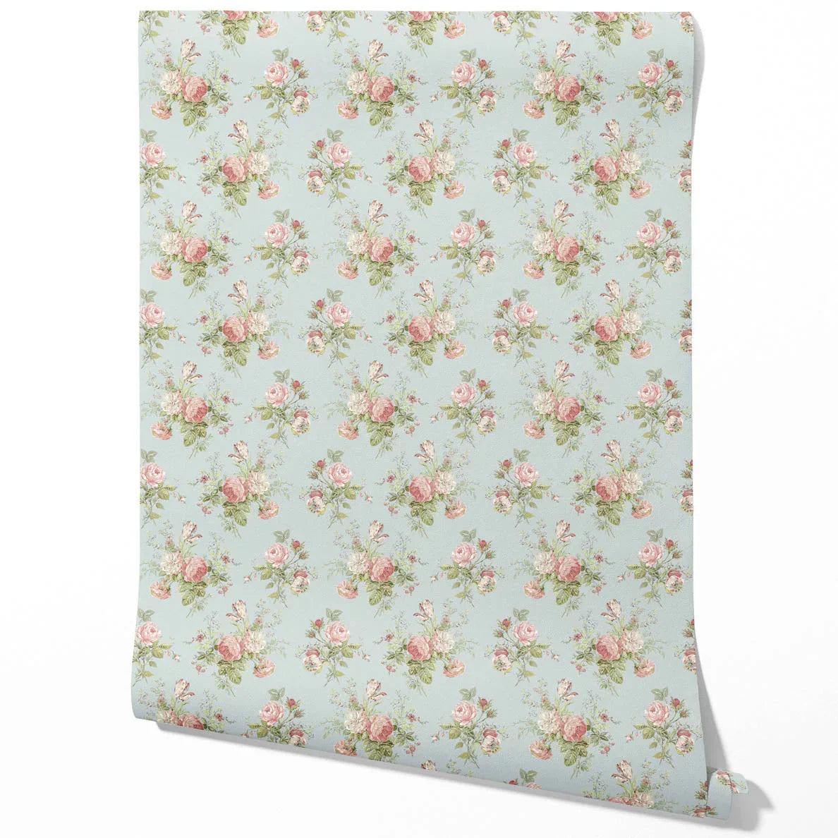 Patterned Floral Block Print Traditional Wallpaper (Blue/ Pink/ Green)