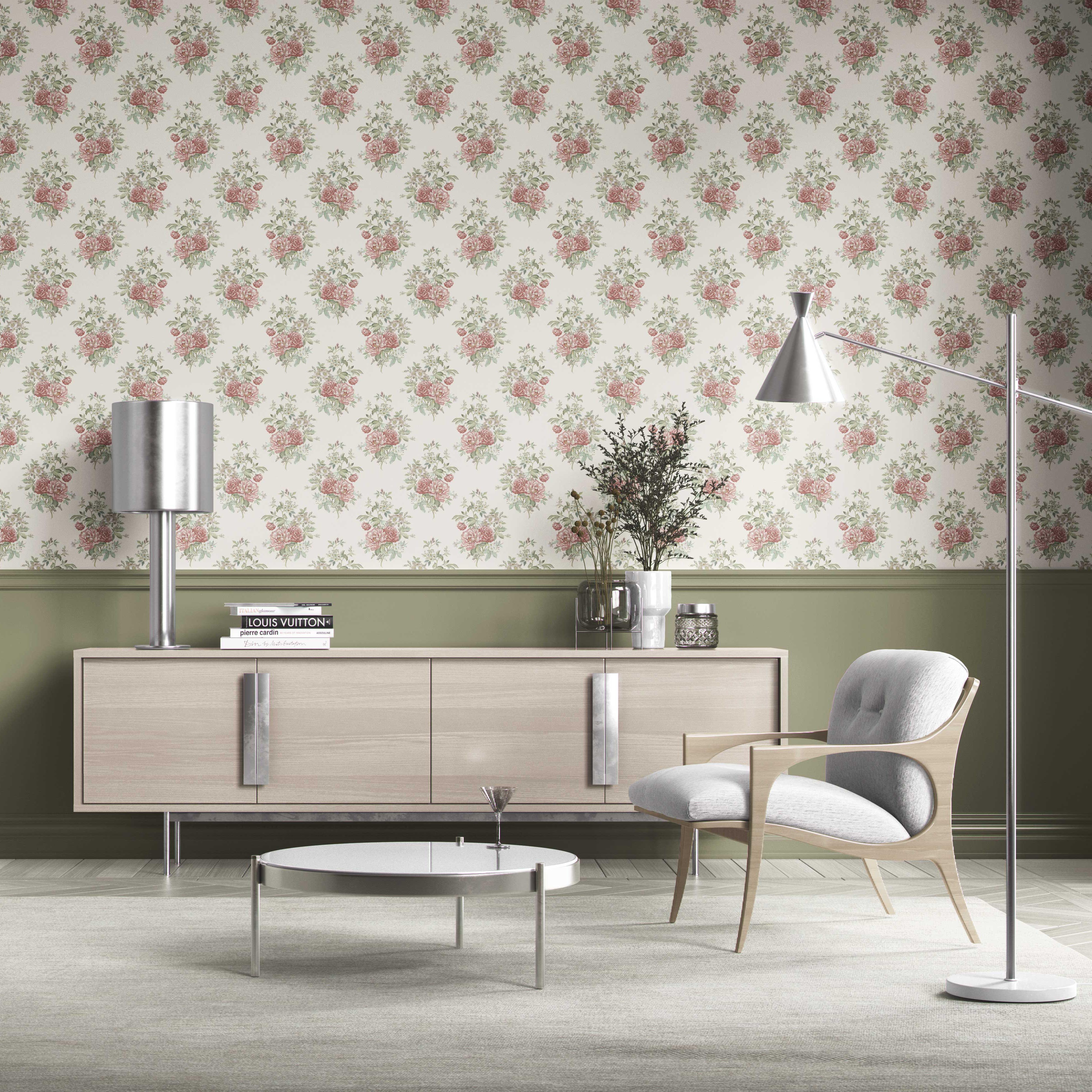 Floral Block Print Kitchen Wallpaper (Cream/ Red/ Leaf Green)