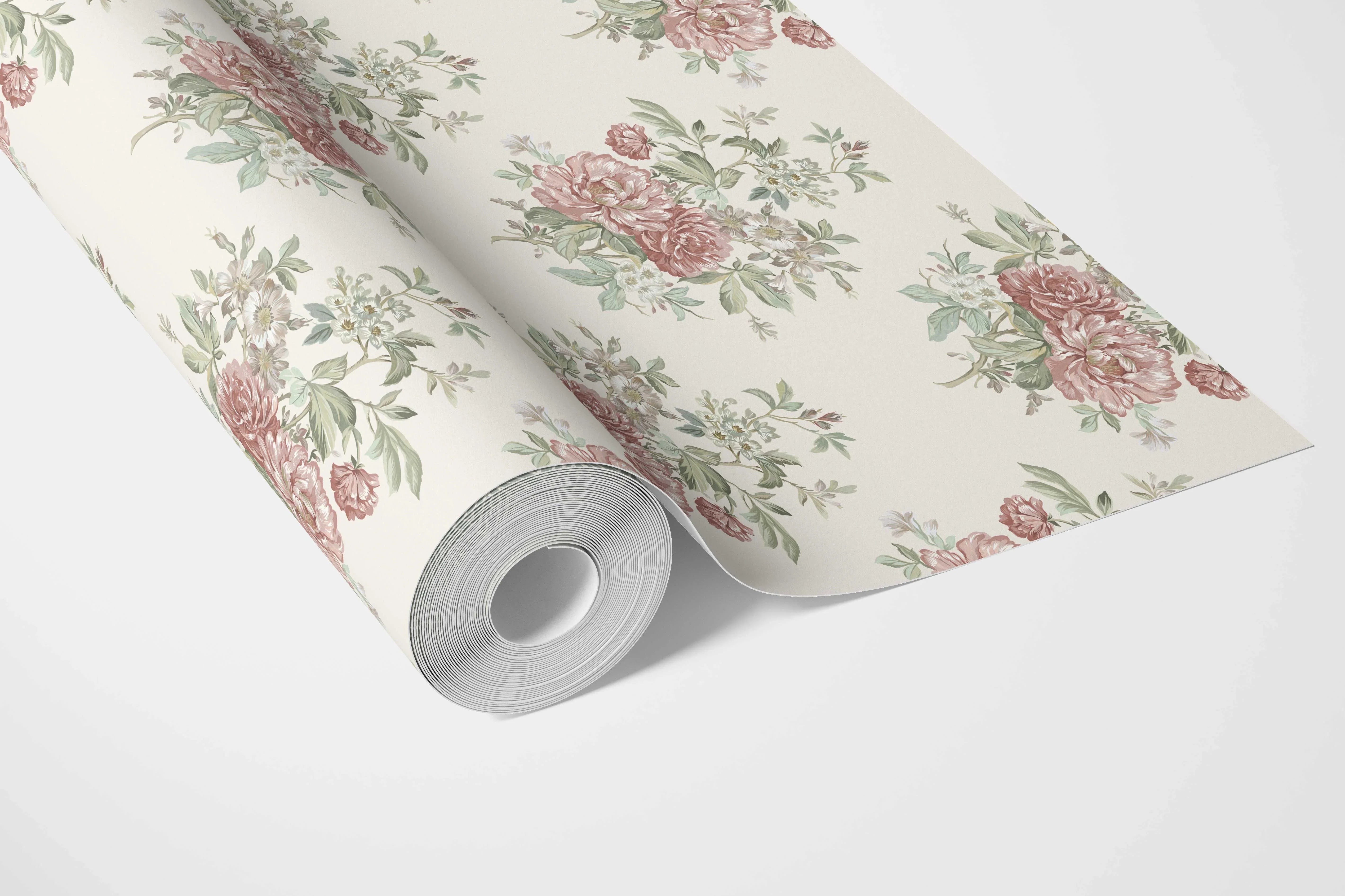 Floral Block Print Bathroom Wallpaper (Cream/ Red/ Leaf Green)