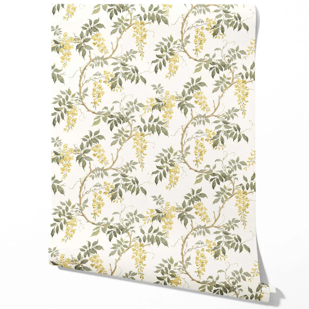 Floral Vine/ Botanical Patterned Traditional Wallpaper Sample (Cream/ Yellow/ Green)
