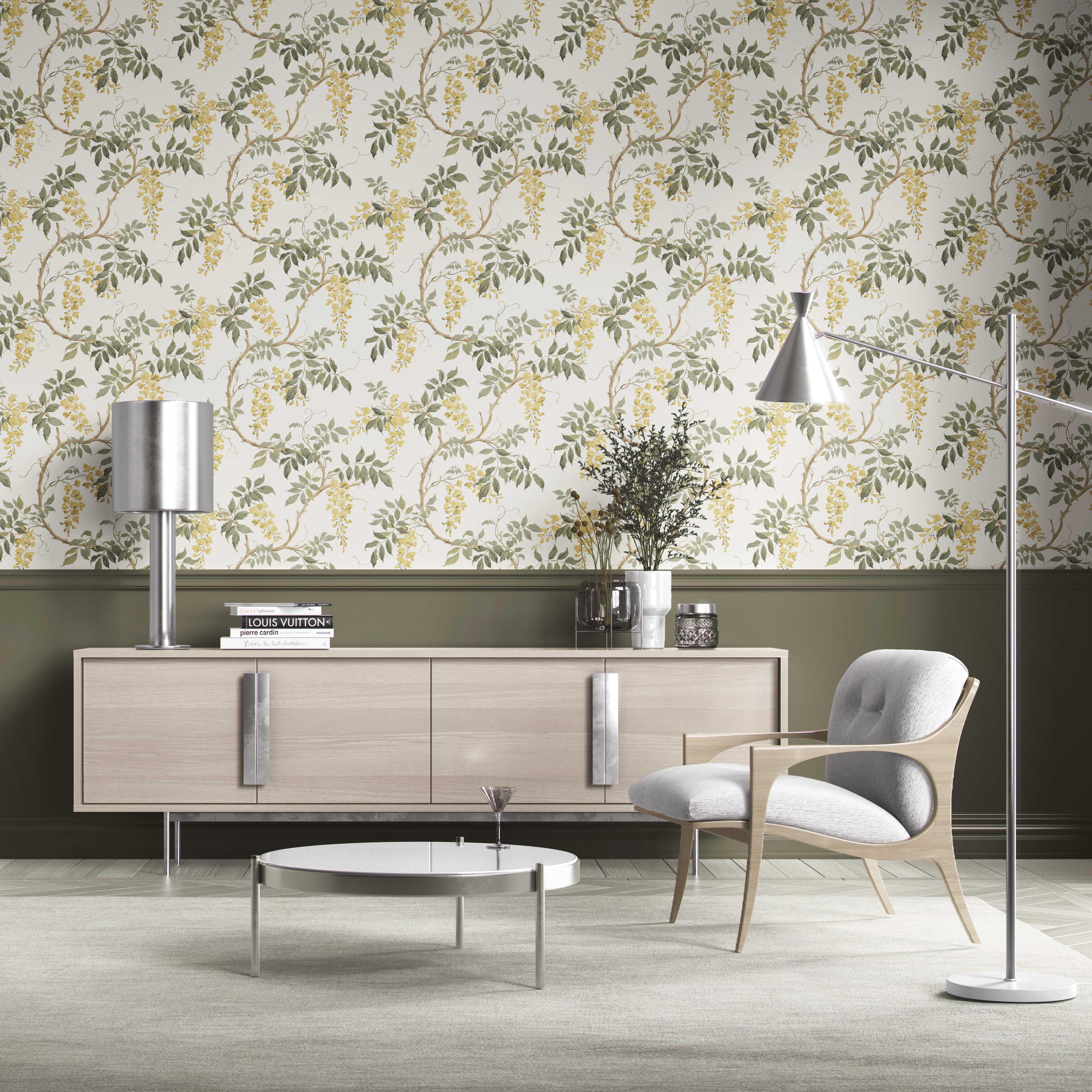 Floral Vine/ Botanical Patterned Kitchen Wallpaper Sample (Cream/ Yellow/ Green)