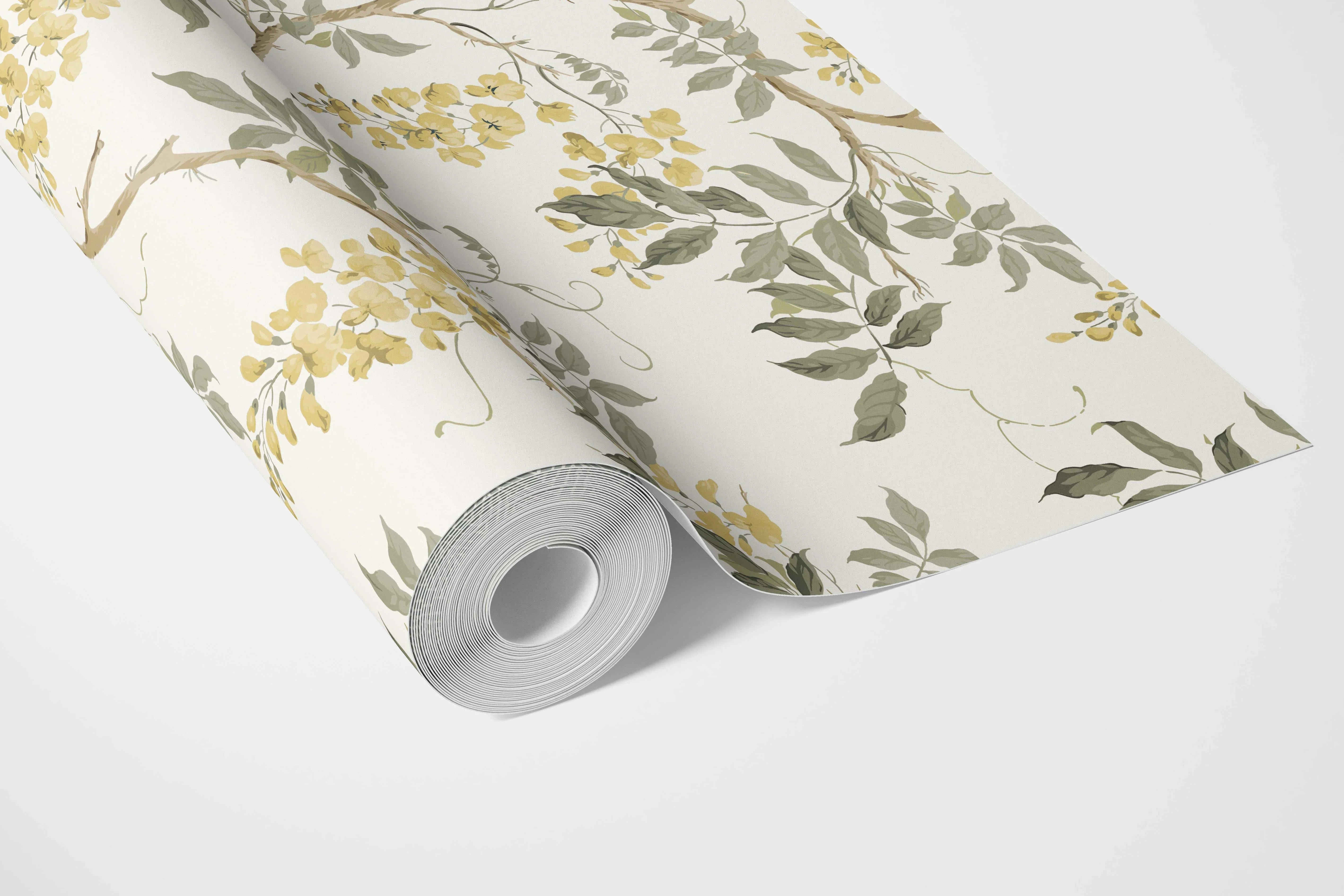 Floral Vine/ Botanical Patterned Bathroom Wallpaper Sample (Cream/ Yellow/ Green)