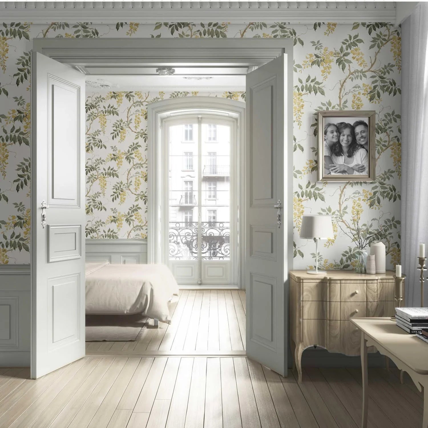Floral Vine/ Botanical Patterned Living Room Wallpaper Sample (Cream/ Yellow/ Green)