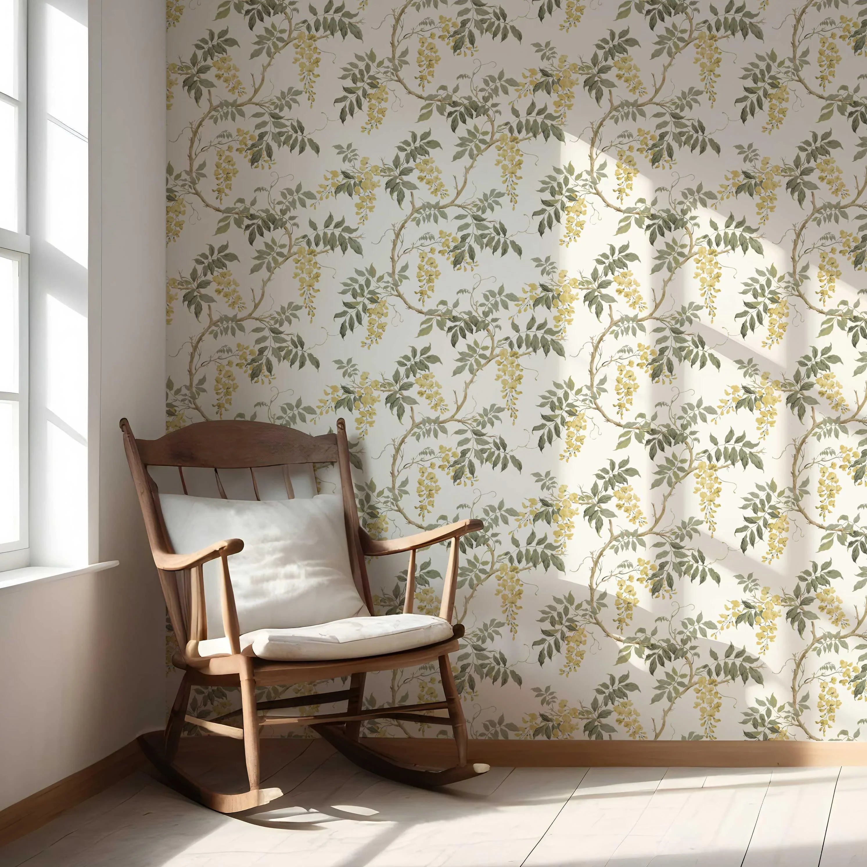 Floral Vine/ Botanical Patterned Nursery Wallpaper Sample (Cream/ Yellow/ Green)