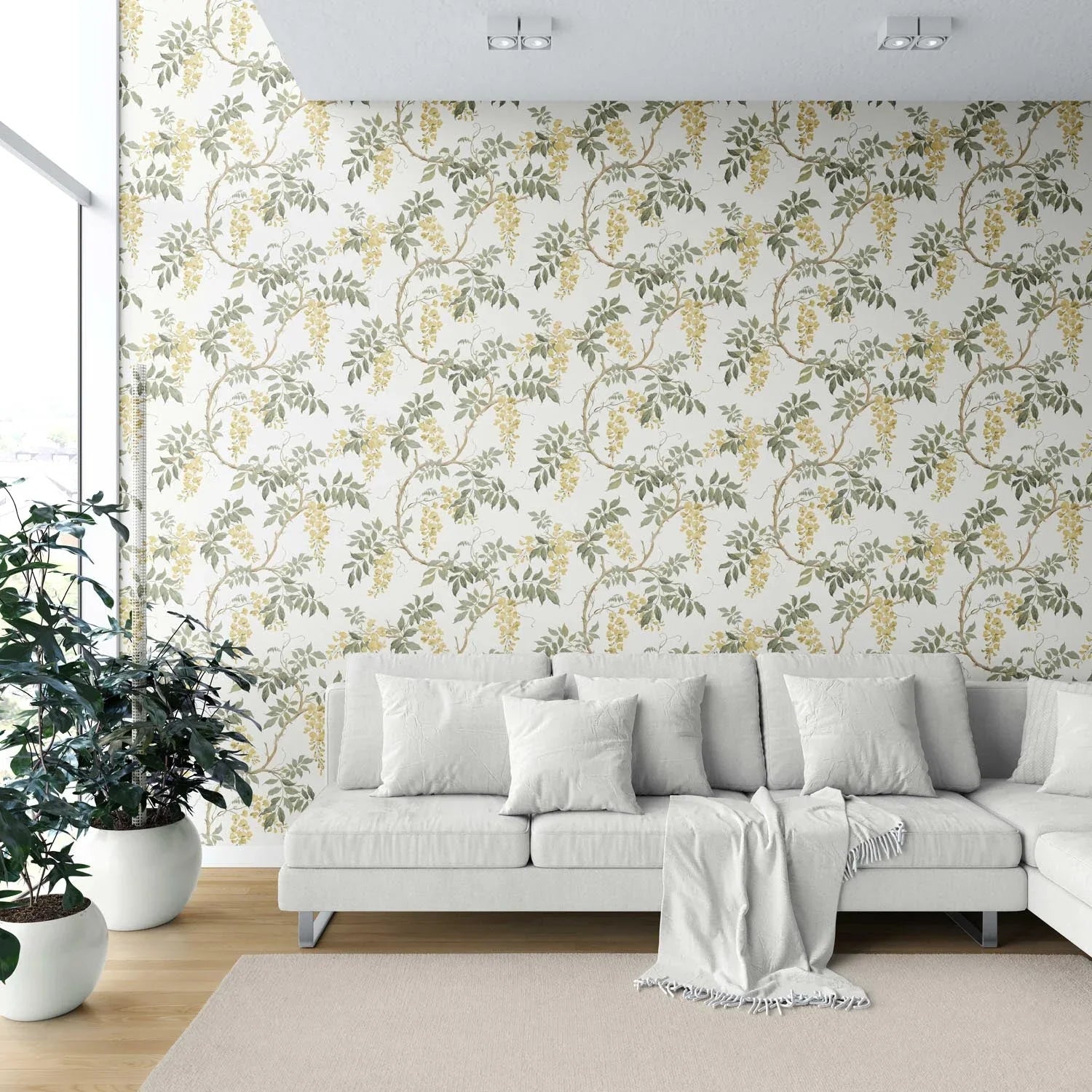 Floral Vine/ Botanical Patterned Shower Toilet Wallpaper (Cream/ Yellow/ Green)