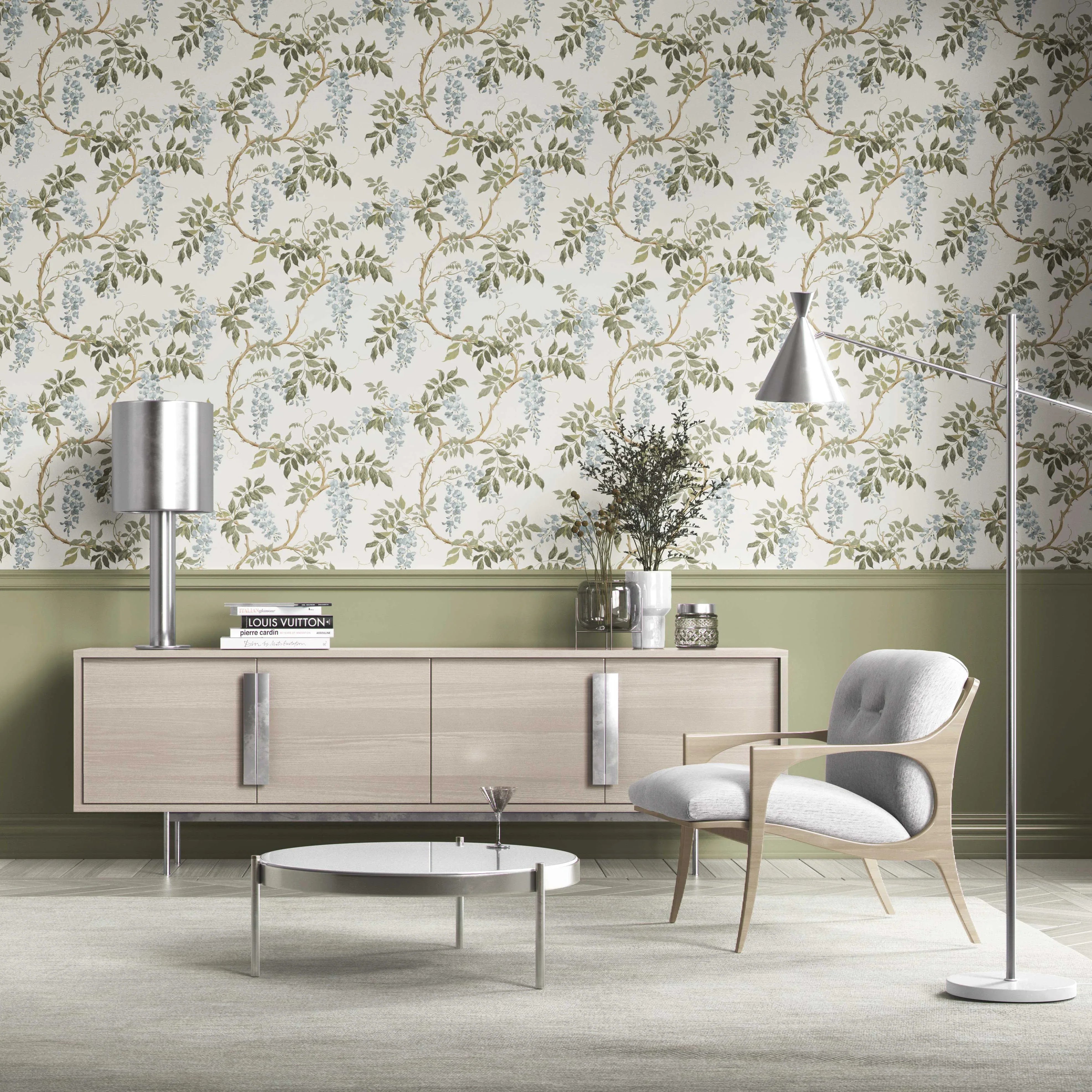 Floral Vine/ Botanical Patterned Kitchen Wallpaper Sample (Cream/ Duck Egg Blue/ Green)