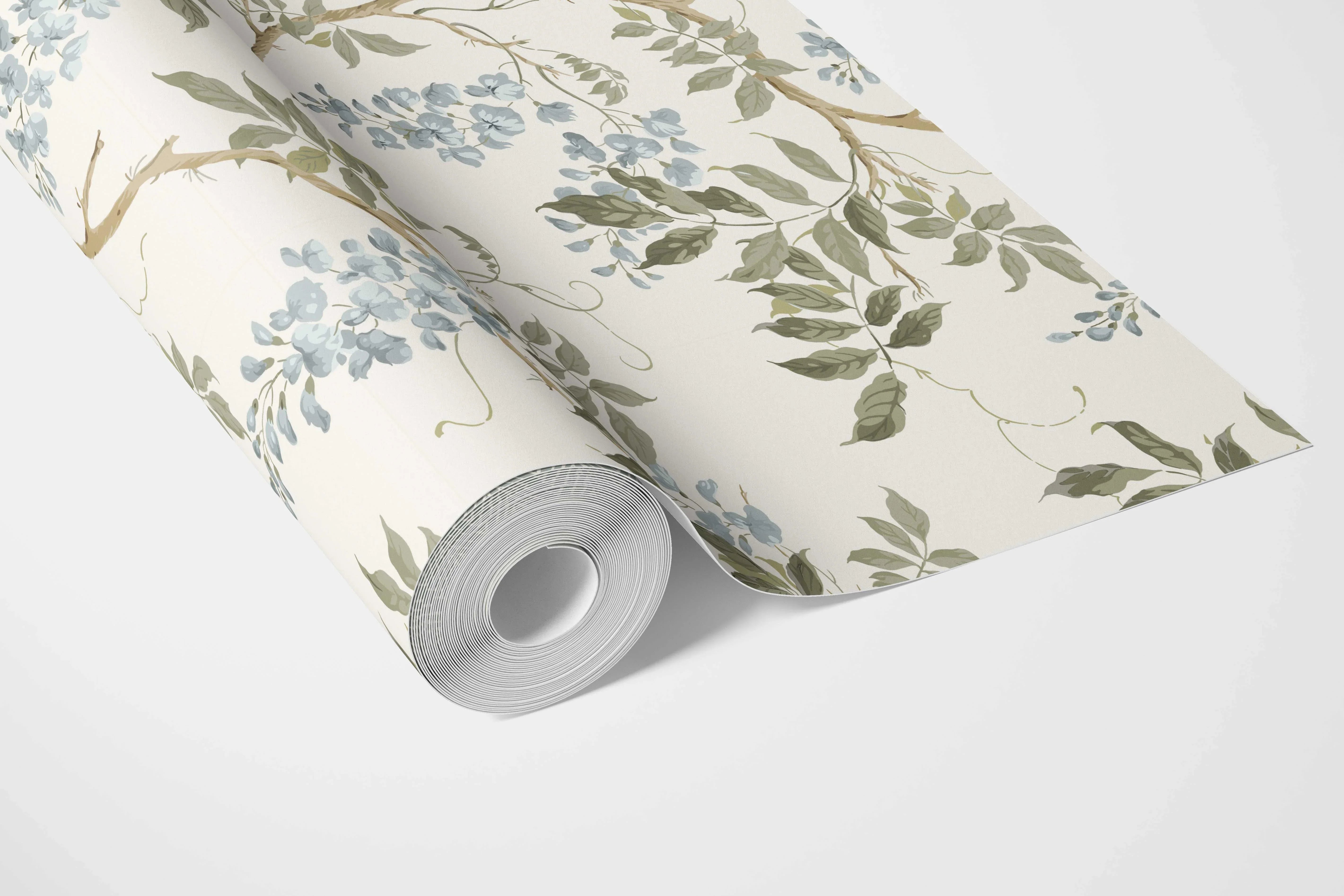 Floral Vine/ Botanical Patterned Bathroom Wallpaper Sample (Cream/ Duck Egg Blue/ Green)
