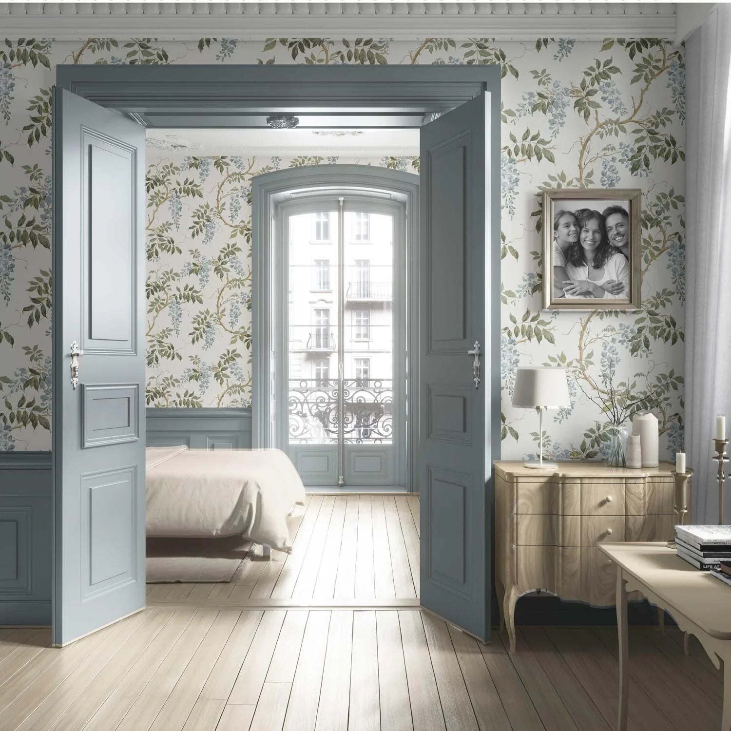 Floral Vine/ Botanical Patterned Living Room Wallpaper Sample (Cream/ Duck Egg Blue/ Green)