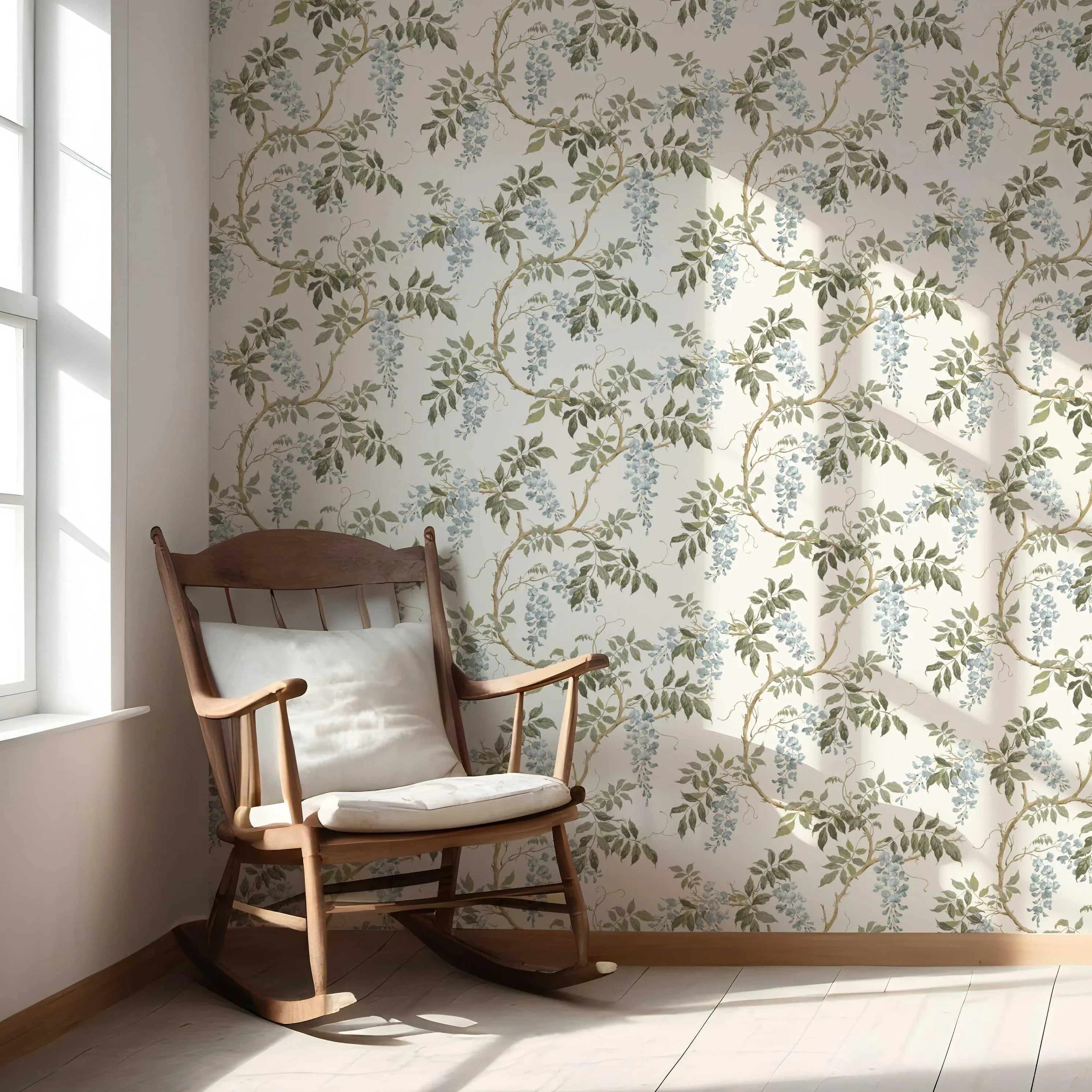Floral Vine/ Botanical Patterned Nursery Wallpaper Sample (Cream/ Duck Egg Blue/ Green)