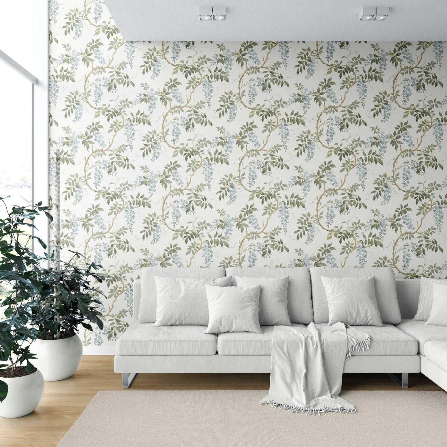 Floral Vine/ Botanical Patterned Shower Toilet Wallpaper Sample (Cream/ Duck Egg Blue/ Green)