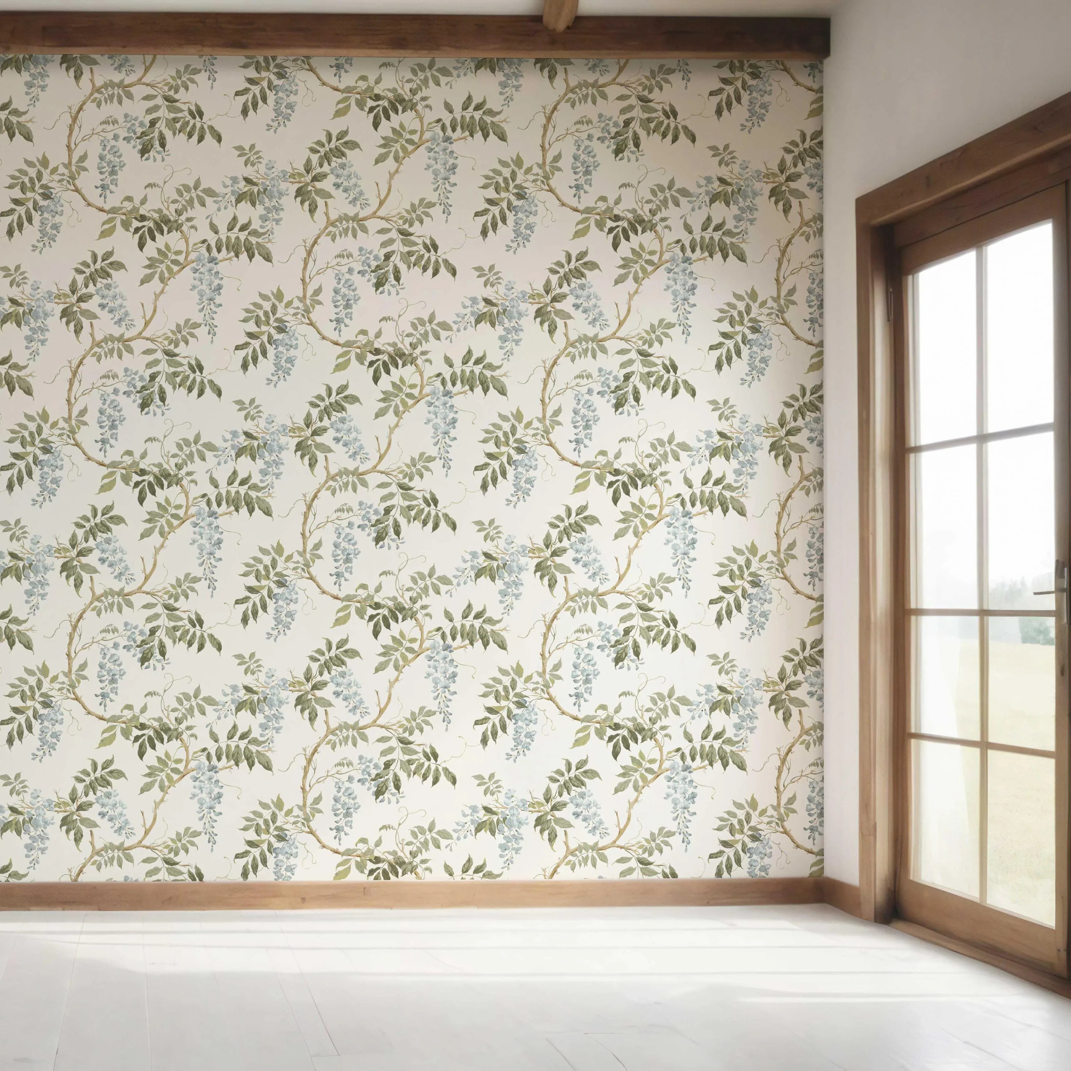 Floral Vine/ Botanical Patterned Bedroom Wallpaper Sample (Cream/ Duck Egg Blue/ Green)