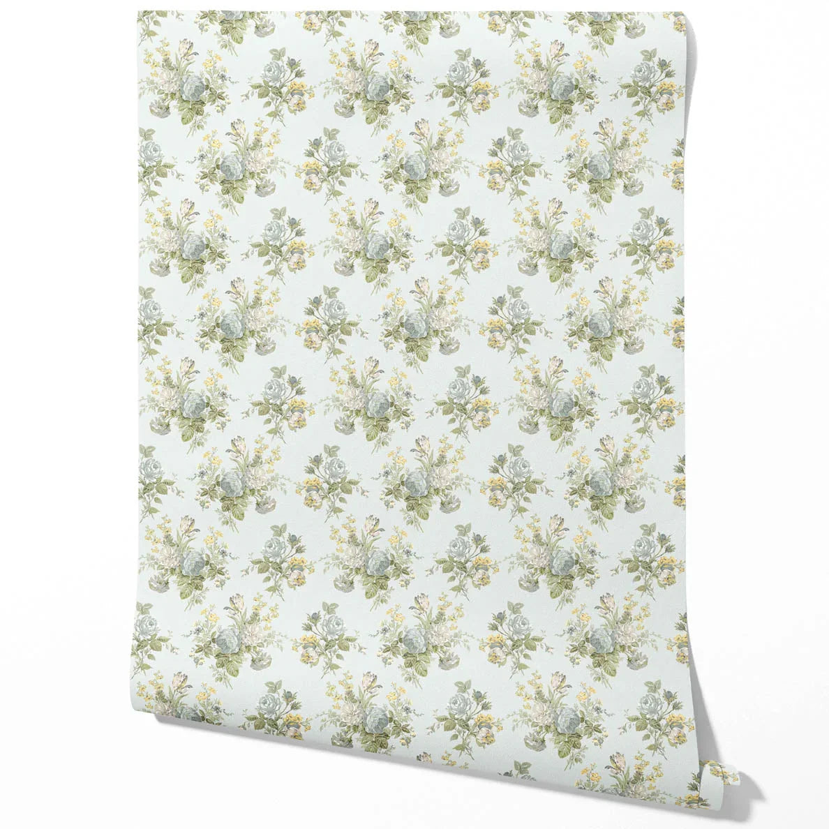 Patterned Floral Block Print Traditional Wallpaper Sample (Blue/ Green/ Yellow)
