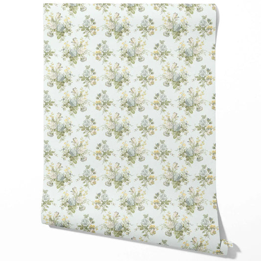 Patterned Floral Block Print Traditional Wallpaper (Blue/ Green/ Yellow)