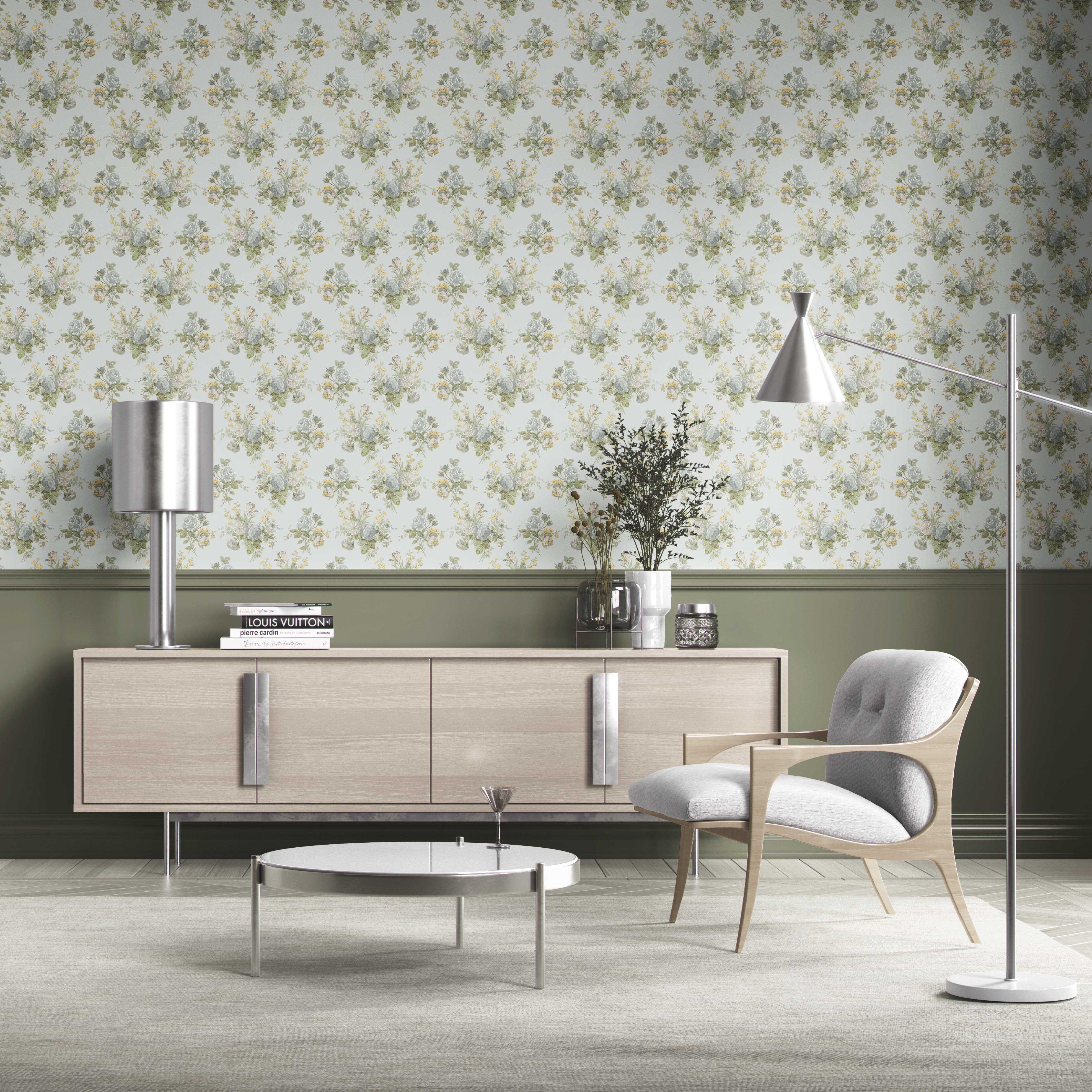Patterned Floral Block Print Kitchen Wallpaper Sample (Blue/ Green/ Yellow)
