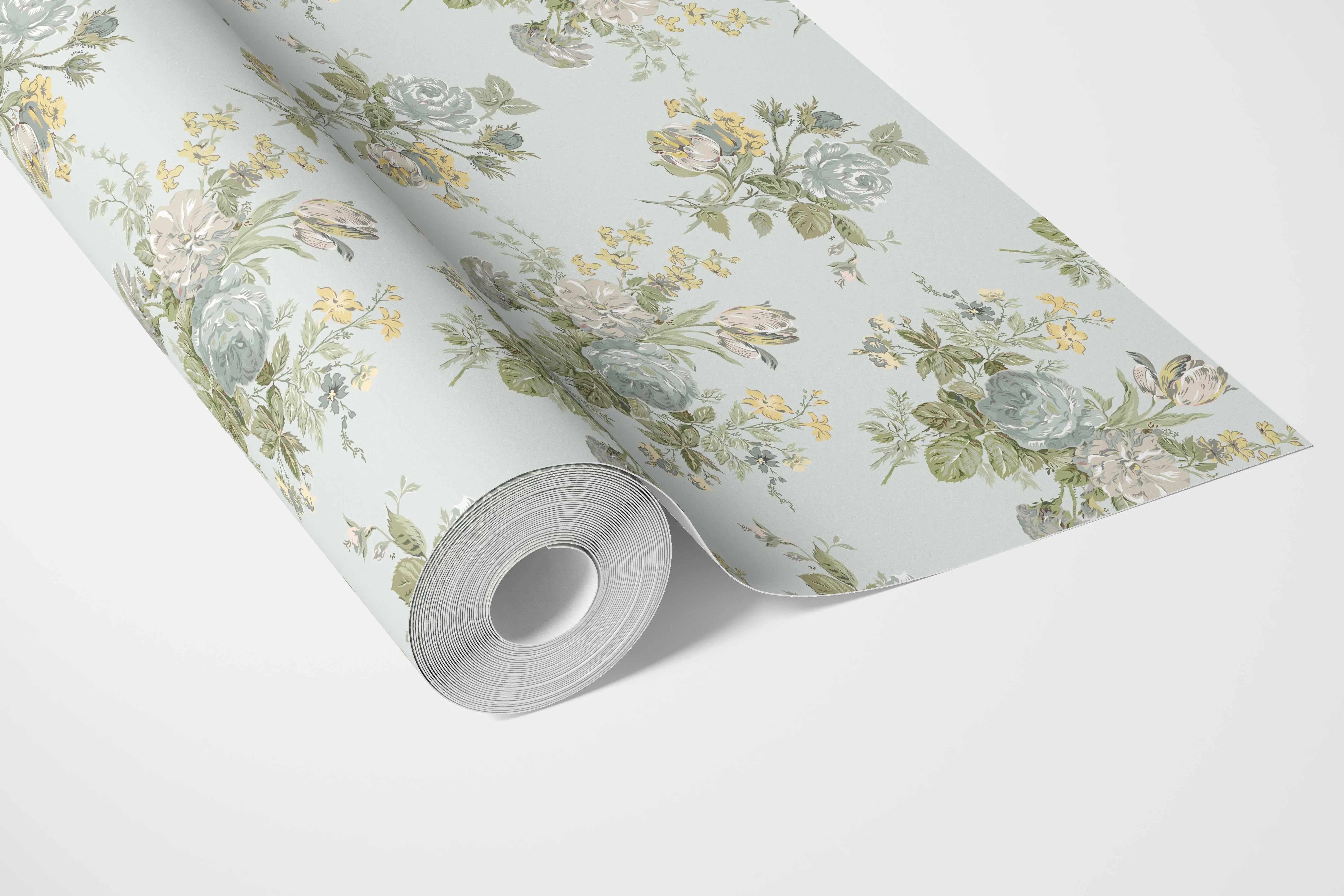 Patterned Floral Block Print Bathroom Wallpaper Sample (Blue/ Green/ Yellow)