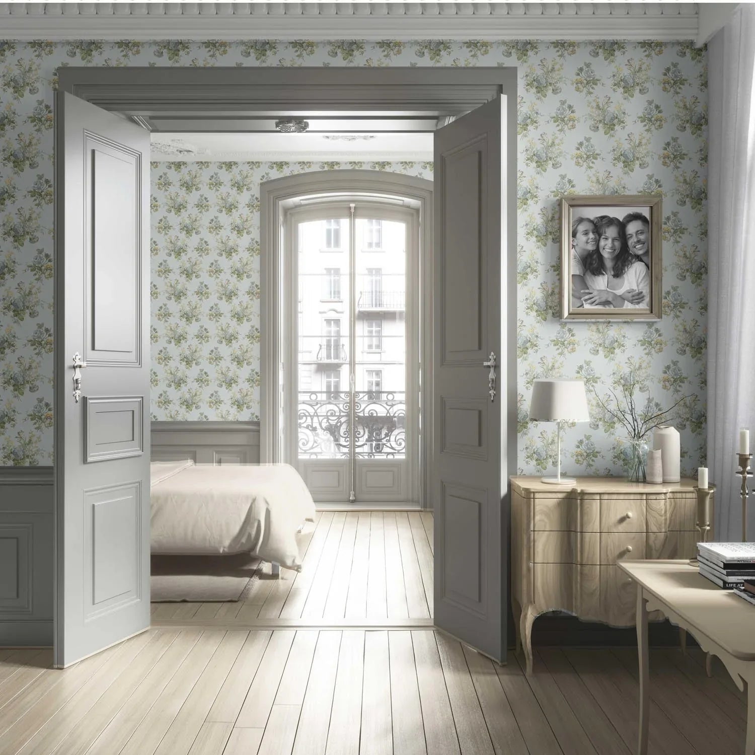 Patterned Floral Block Print Living Room Wallpaper Sample (Blue/ Green/ Yellow)