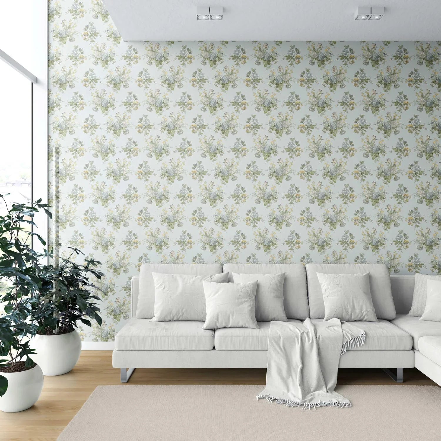 Patterned Floral Block Print Shower Toilet Wallpaper Sample (Blue/ Green/ Yellow)