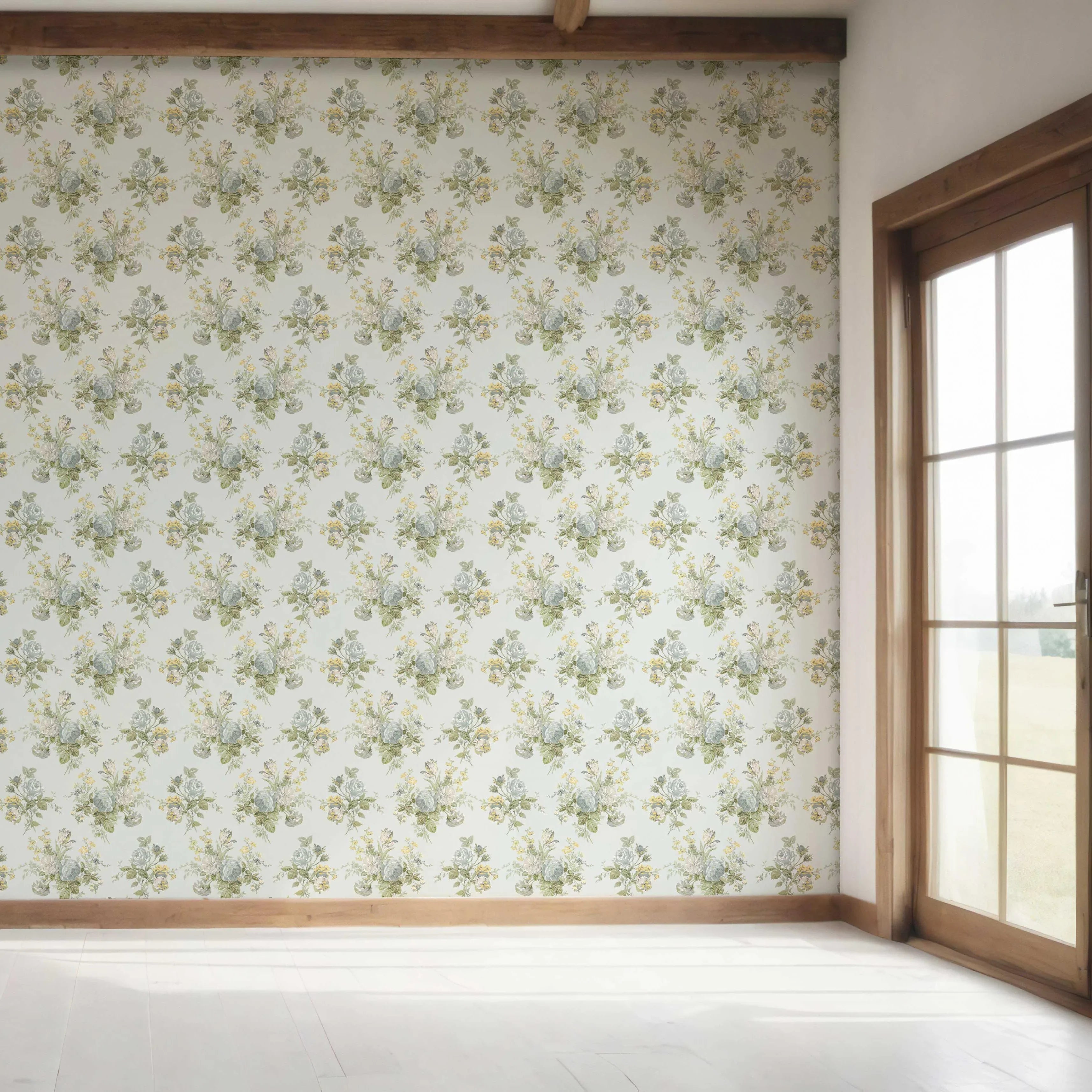 Patterned Floral Block Print Bedroom Wallpaper Sample (Blue/ Green/ Yellow)