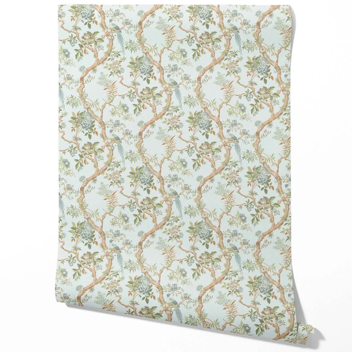 Floral/ Bird Print Chinoiserie Traditional Wallpaper Sample (Duck Egg Blue/ Green/ Brown)