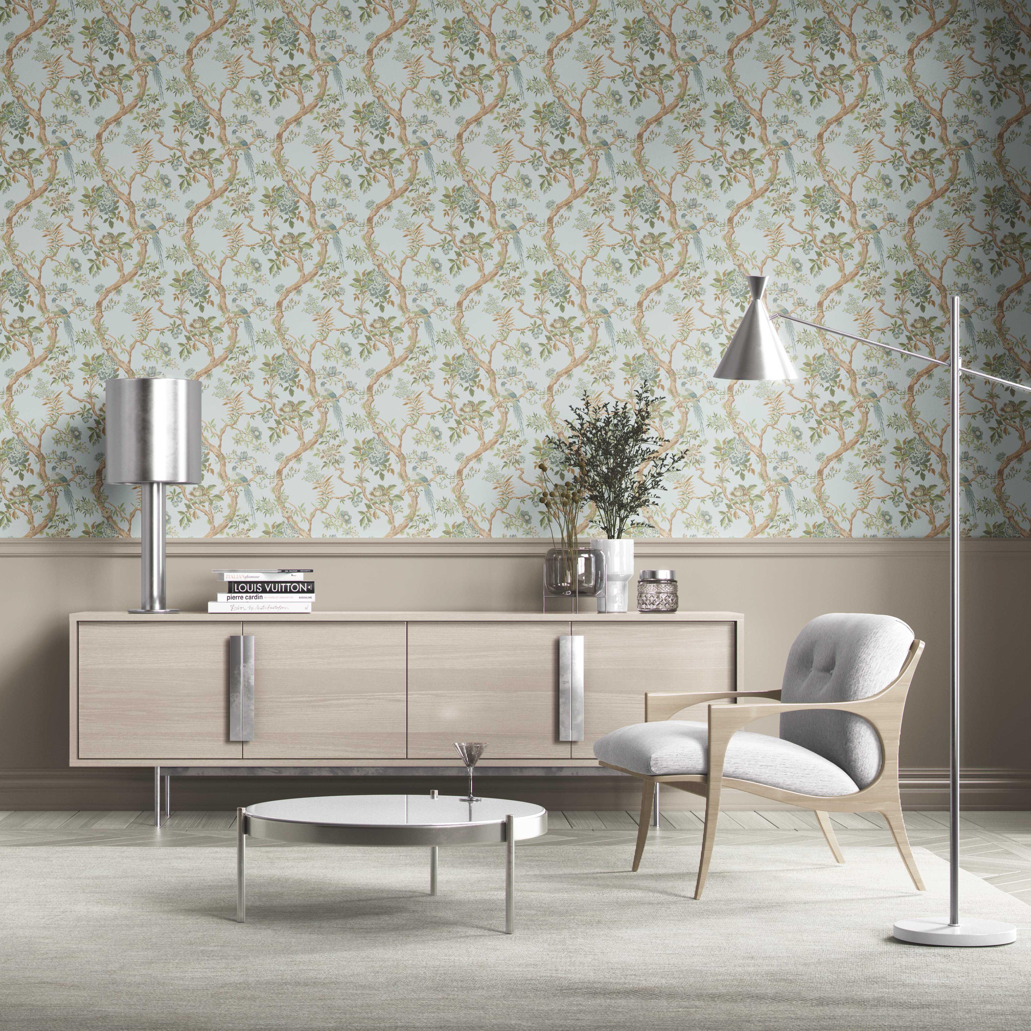 Floral/ Bird Print Chinoiserie Kitchen Wallpaper Sample (Duck Egg Blue/ Green/ Brown)