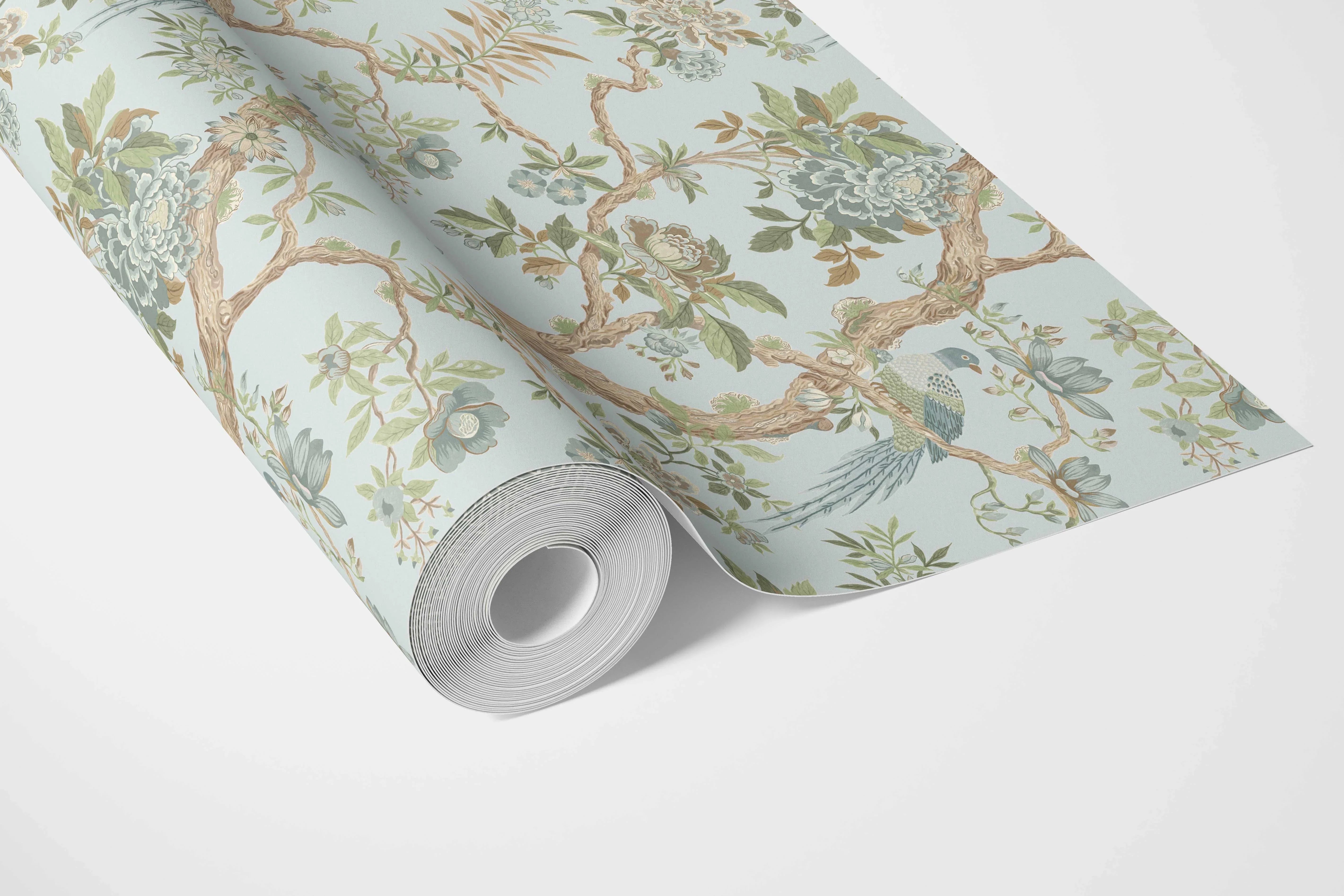 Floral/ Bird Print Chinoiserie Bathroom Wallpaper Sample (Duck Egg Blue/ Green/ Brown)