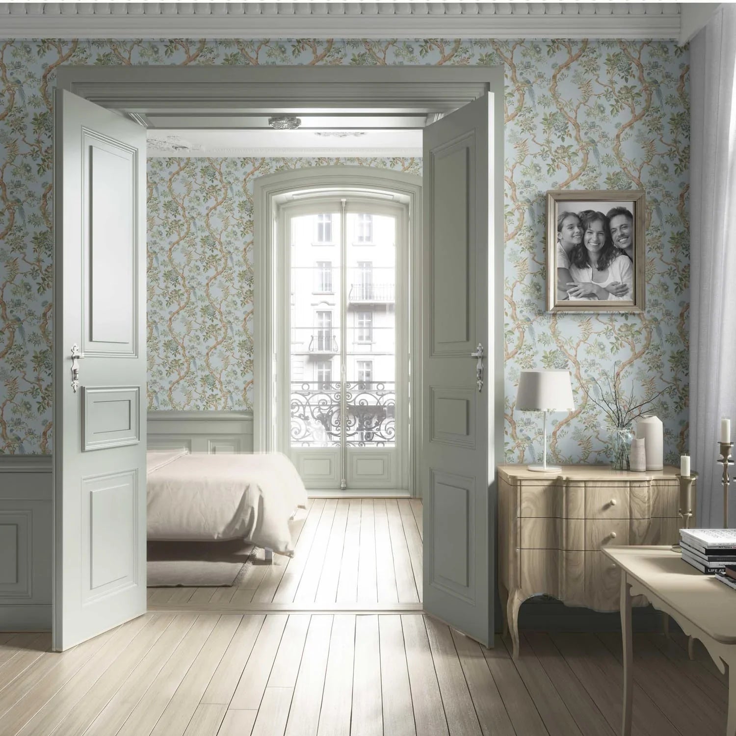 Floral/ Bird Print Chinoiserie Living Room Wallpaper Sample (Duck Egg Blue/ Green/ Brown)