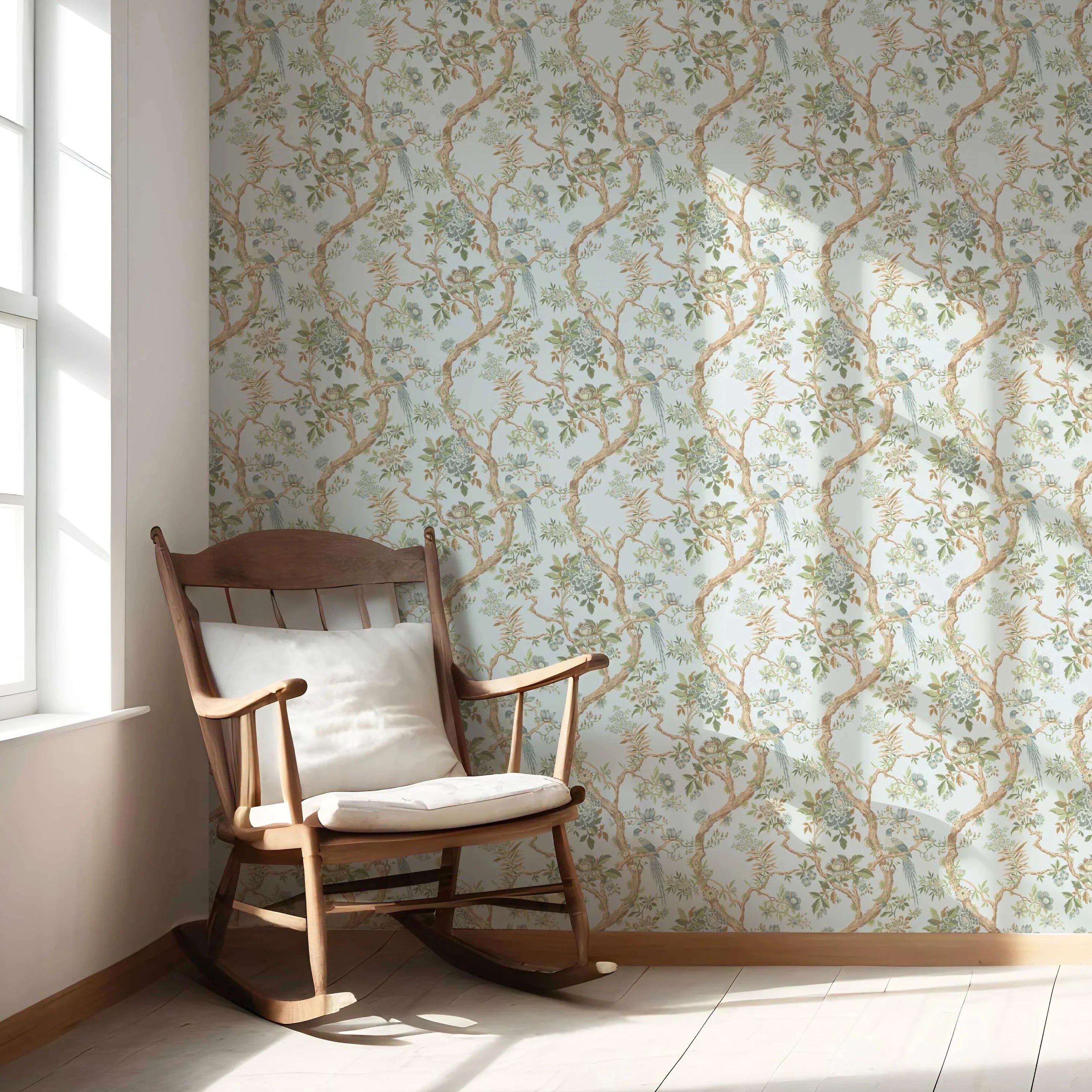 Floral/ Bird Print Chinoiserie Nursery Wallpaper Sample (Duck Egg Blue/ Green/ Brown)