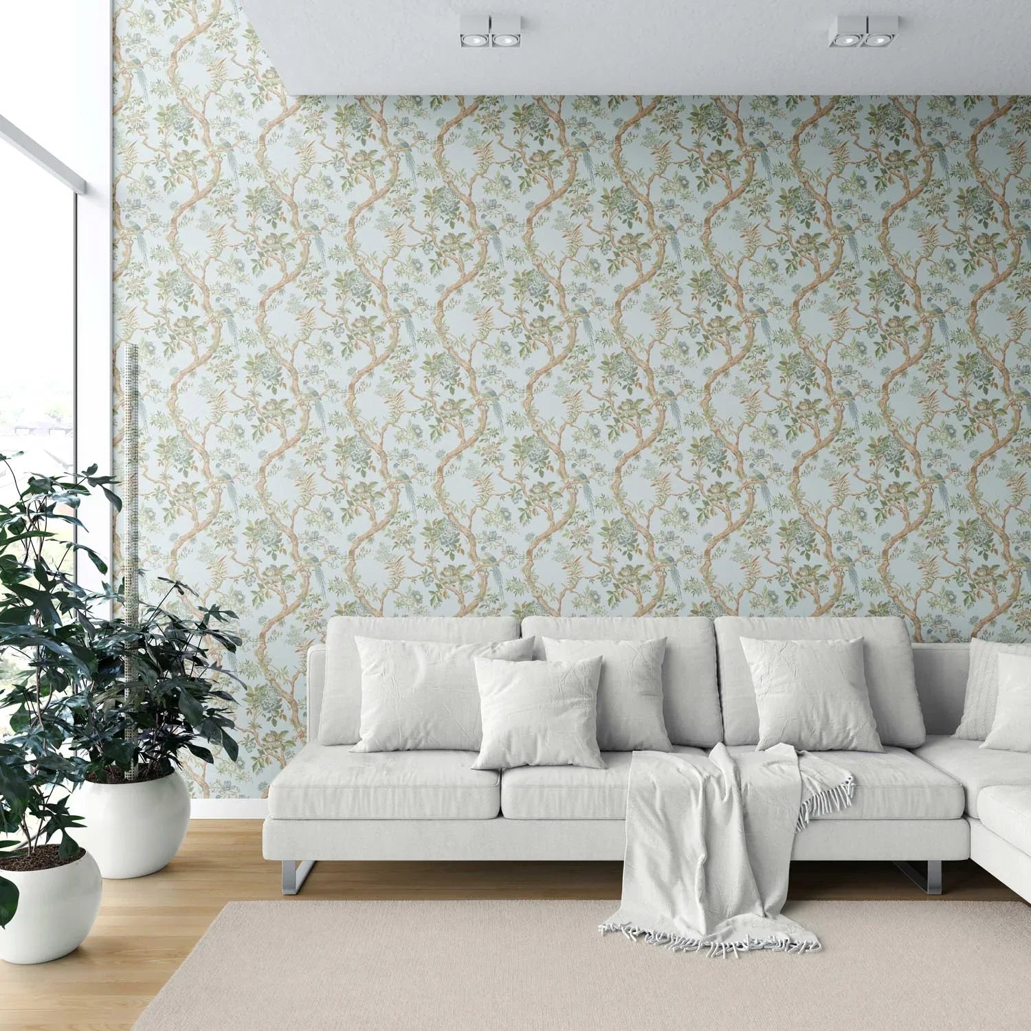 Floral/ Bird Print Chinoiserie Shower Toilet Wallpaper Sample (Duck Egg Blue/ Green/ Brown)