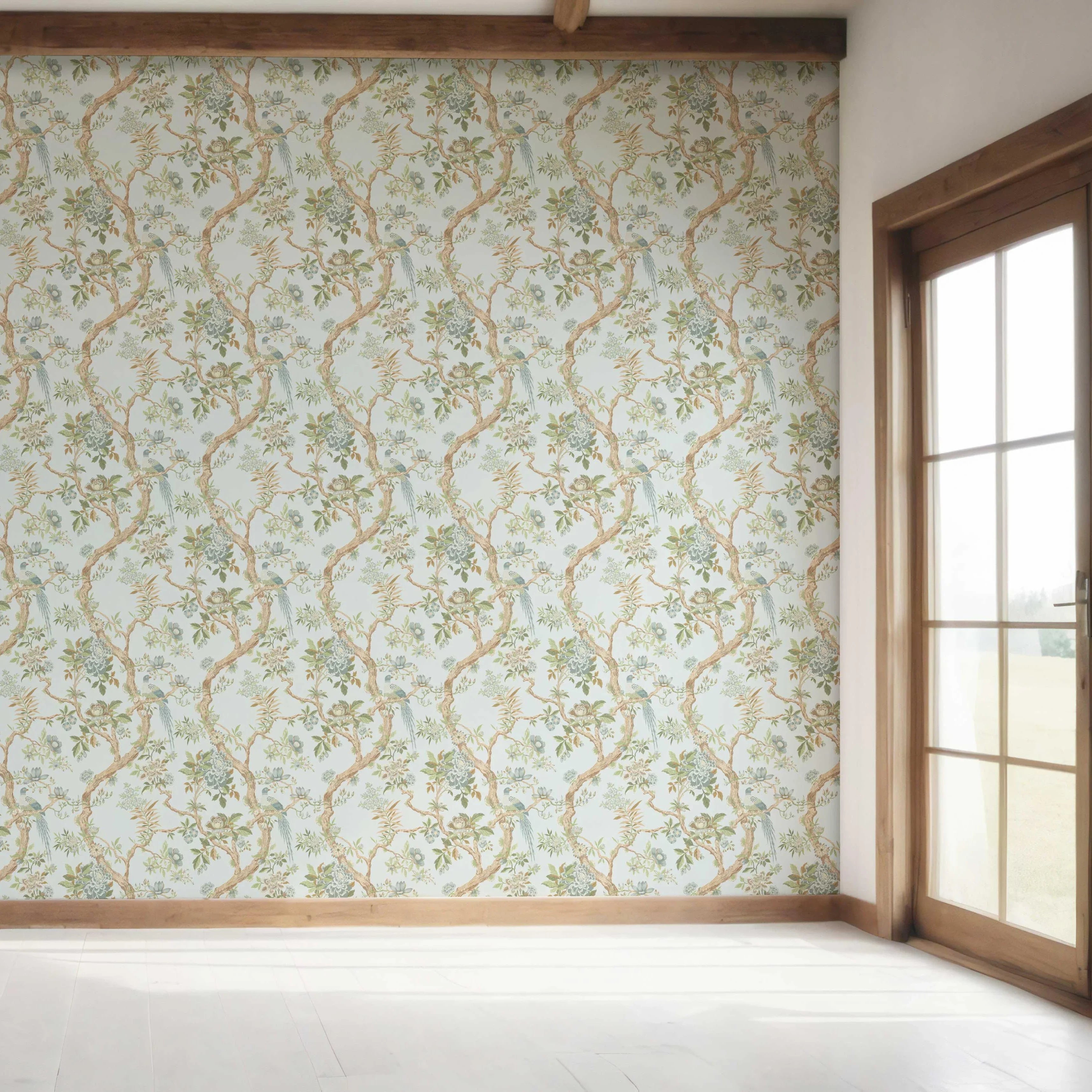 Floral/ Bird Print Chinoiserie Bedroom Wallpaper Sample (Duck Egg Blue/ Green/ Brown)