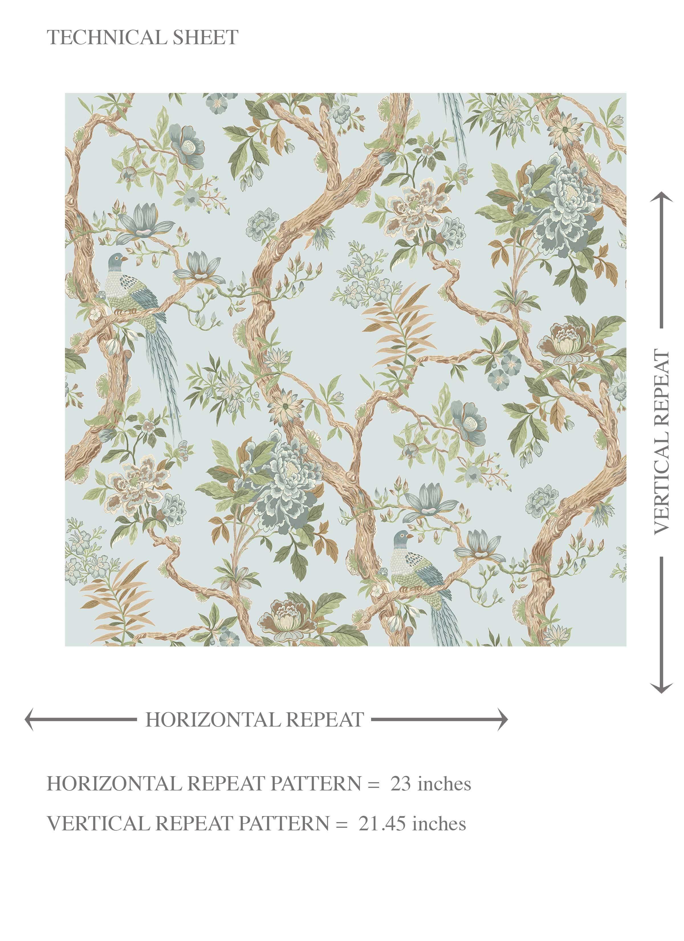 Floral/ Bird Print Chinoiserie Kids Room Wallpaper Sample (Duck Egg Blue/ Green/ Brown)