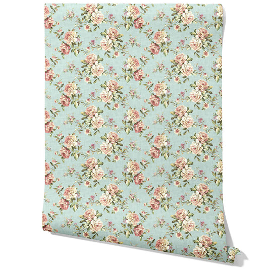 English Floral Patterned Traditional Wallpaper Sample (Blue/ Pink/ Green)