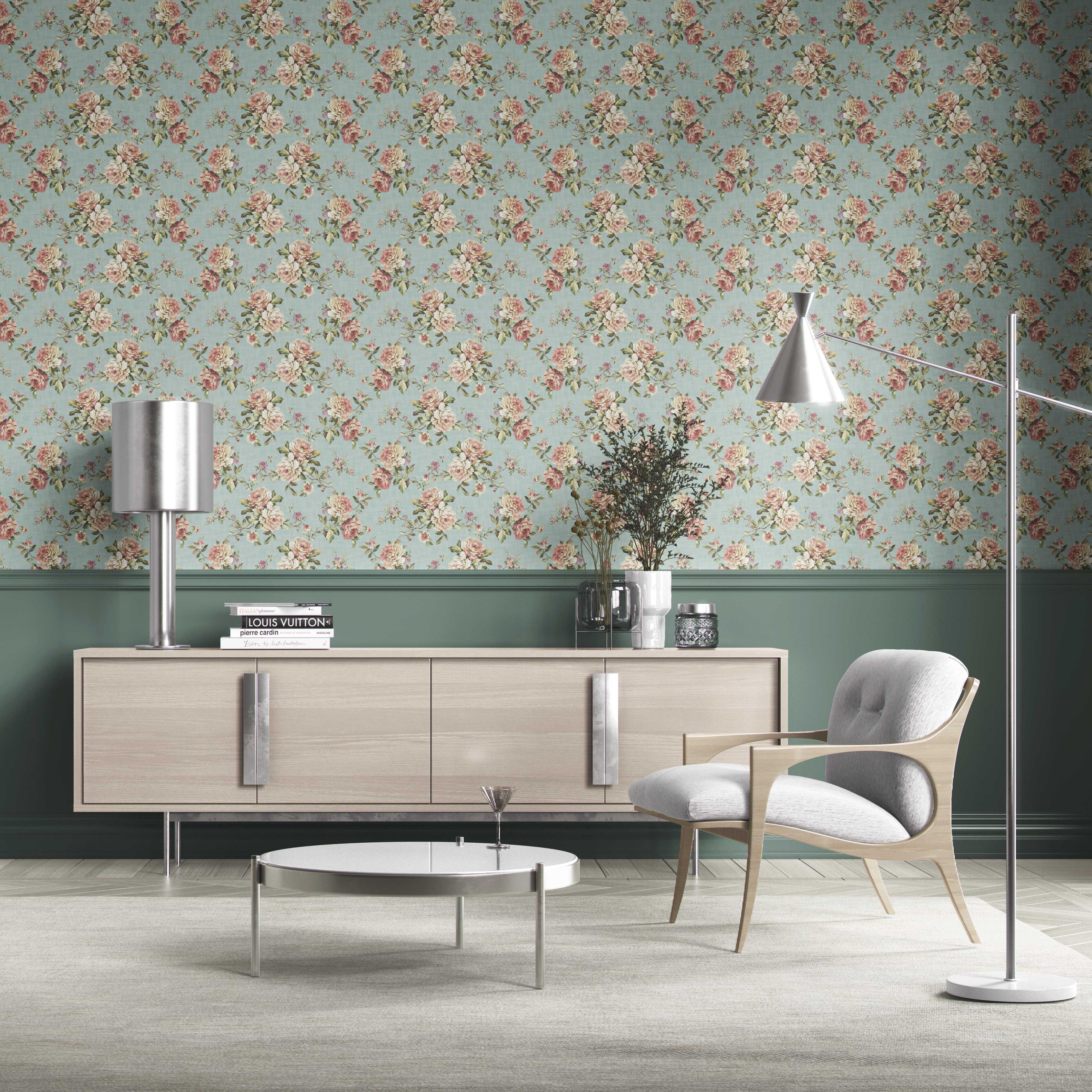English Floral Patterned Kitchen Wallpaper (Blue/ Pink/ Green)