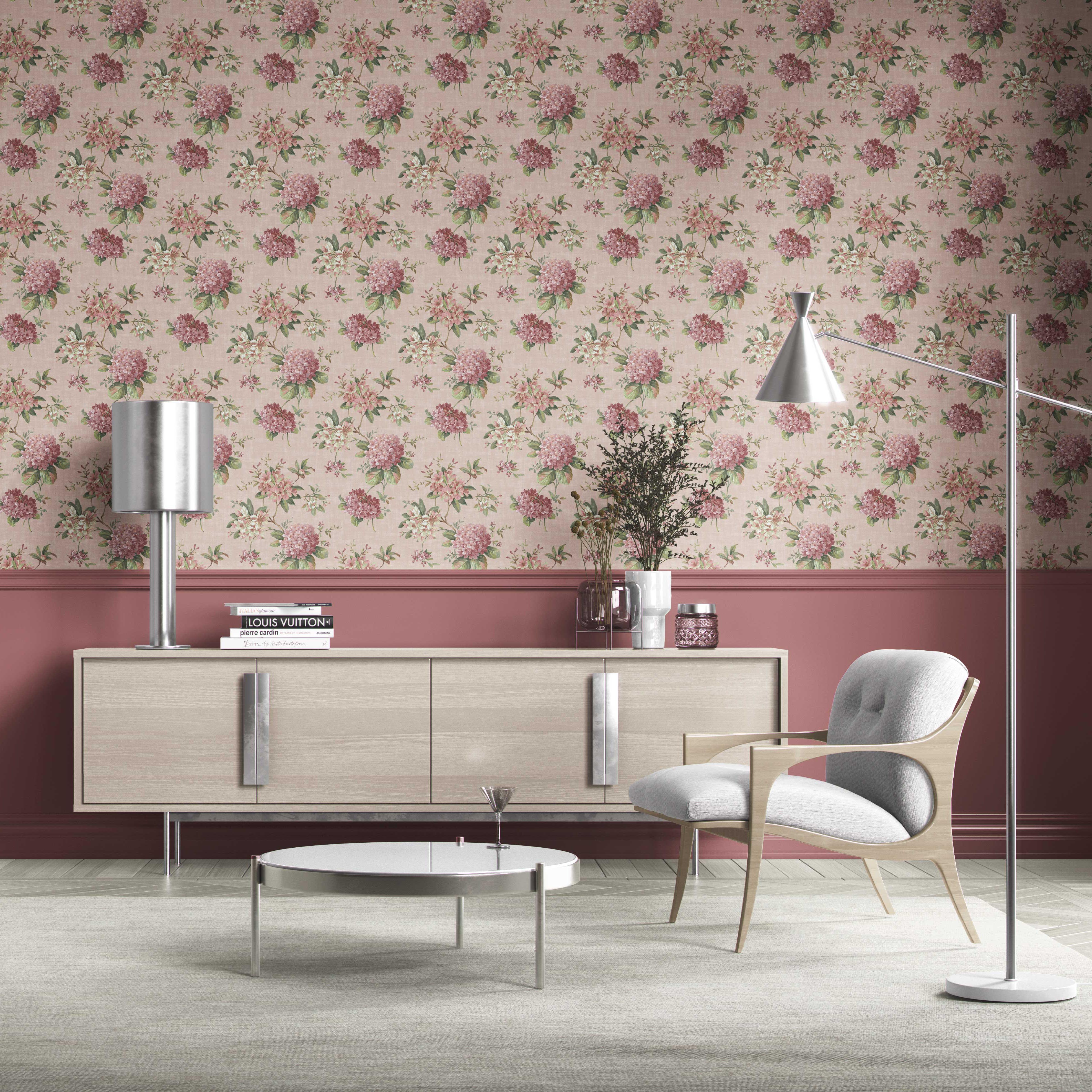 Modern Floral Block Print Kitchen Wallpaper Sample (Pink/ Green)