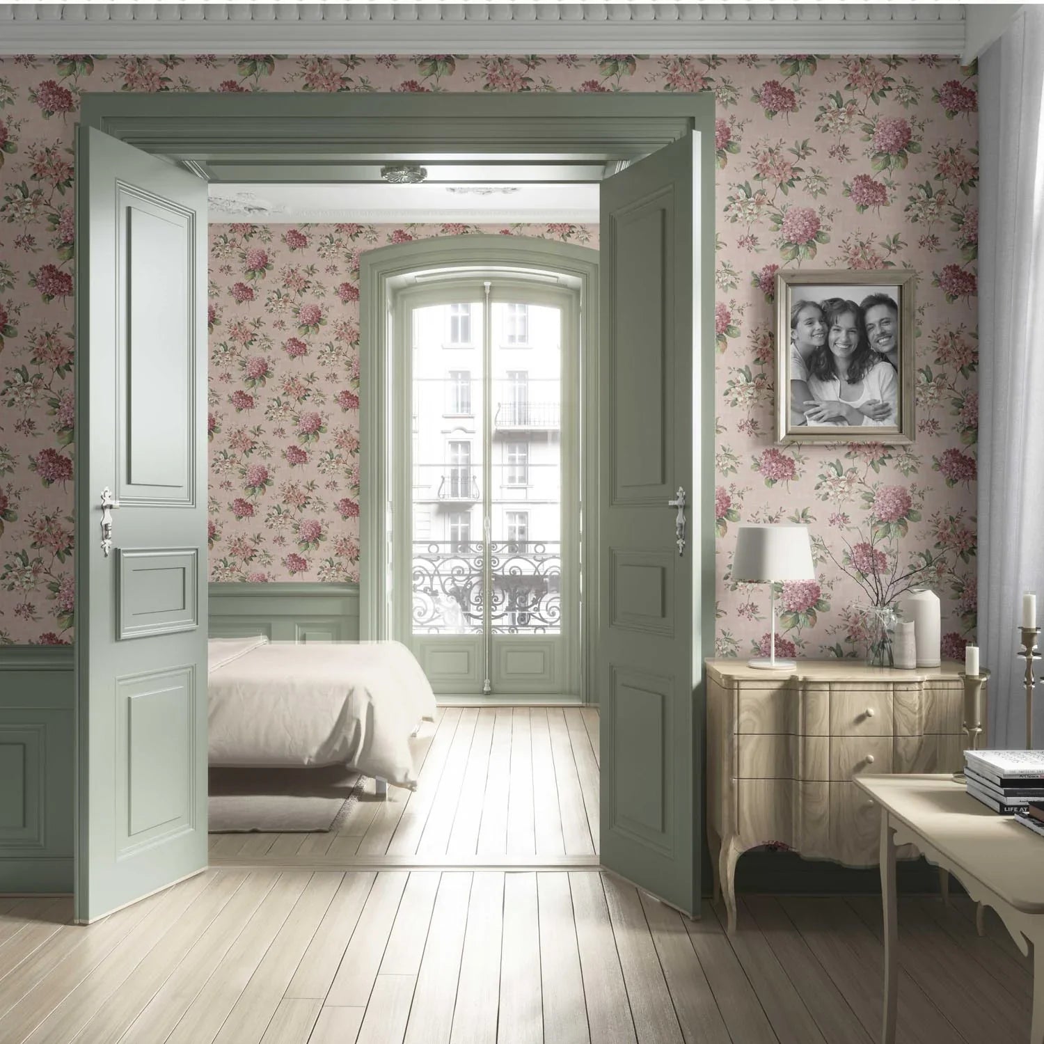 Modern Floral Block Print Living Room Wallpaper Sample (Pink/ Green)