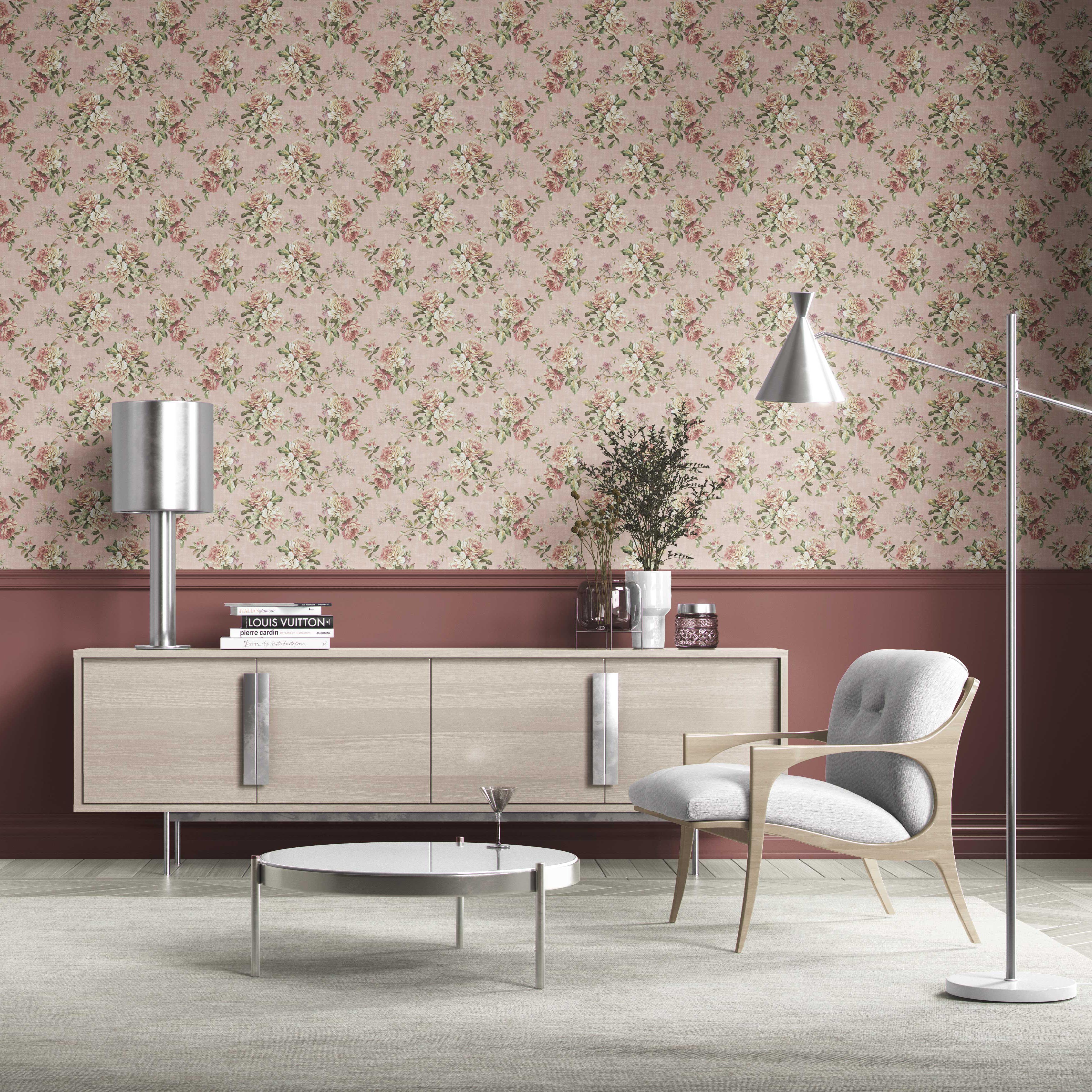 English Floral Patterned Kitchen Wallpaper Sample (Dusty Rose Pink/ Green)