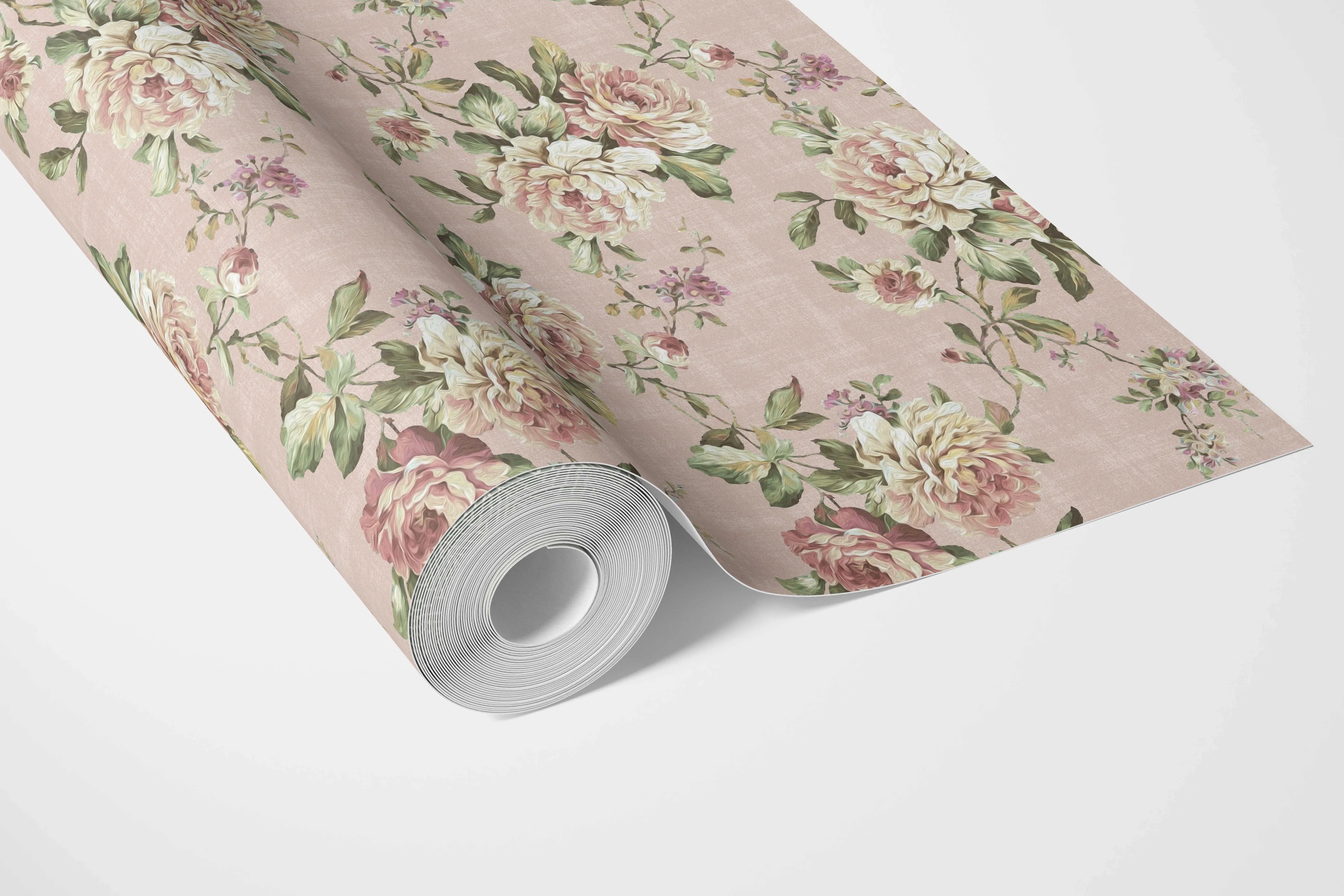 English Floral Patterned Bathroom Wallpaper Sample (Dusty Rose Pink/ Green)