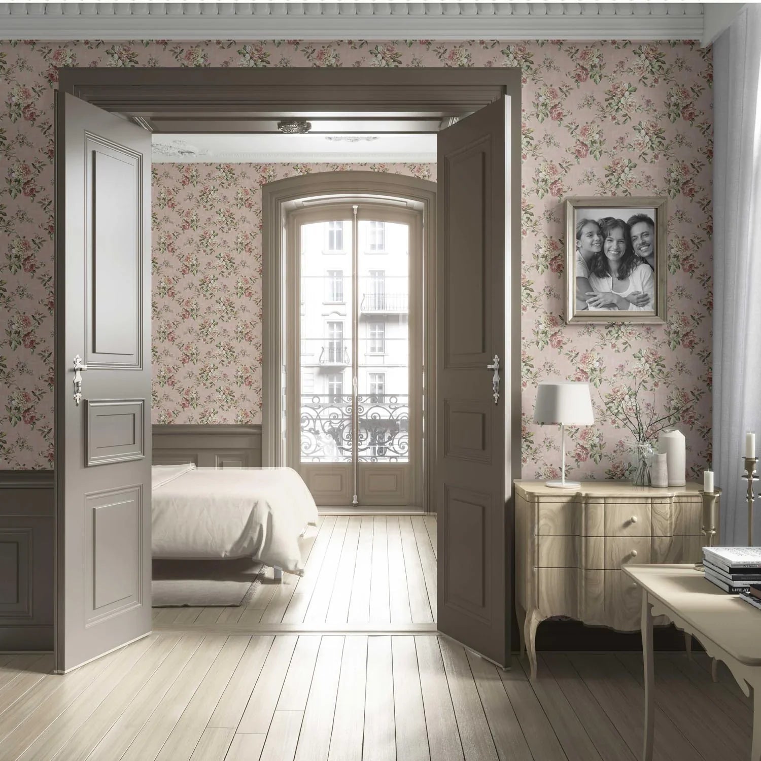 English Floral Patterned Living Room Wallpaper Sample (Dusty Rose Pink/ Green)