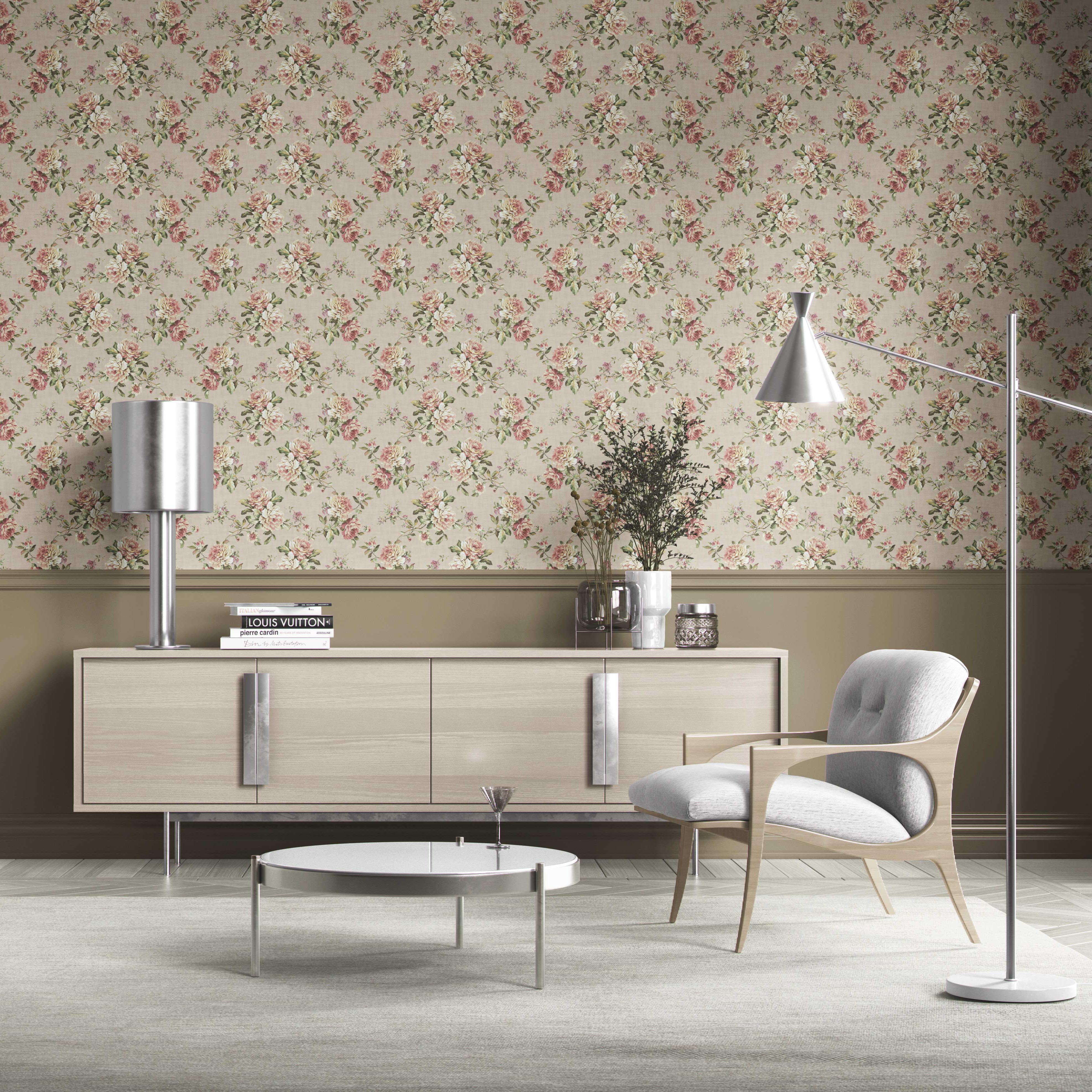 English Floral Patterned Kitchen Wallpaper (Beige/ Warm Grey/ Pink/ Green)