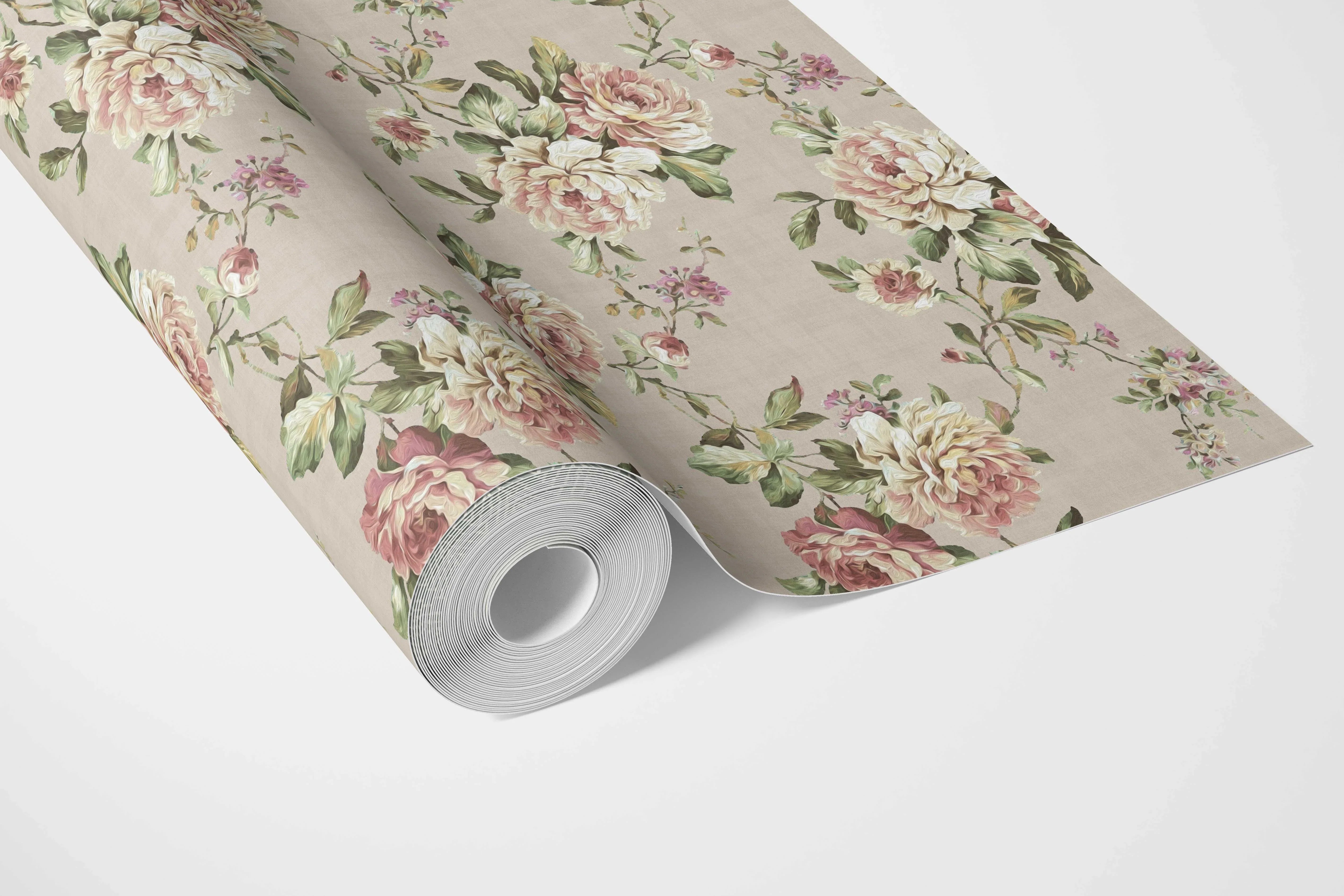 English Floral Patterned Bathroom Wallpaper (Beige/ Warm Grey/ Pink/ Green)