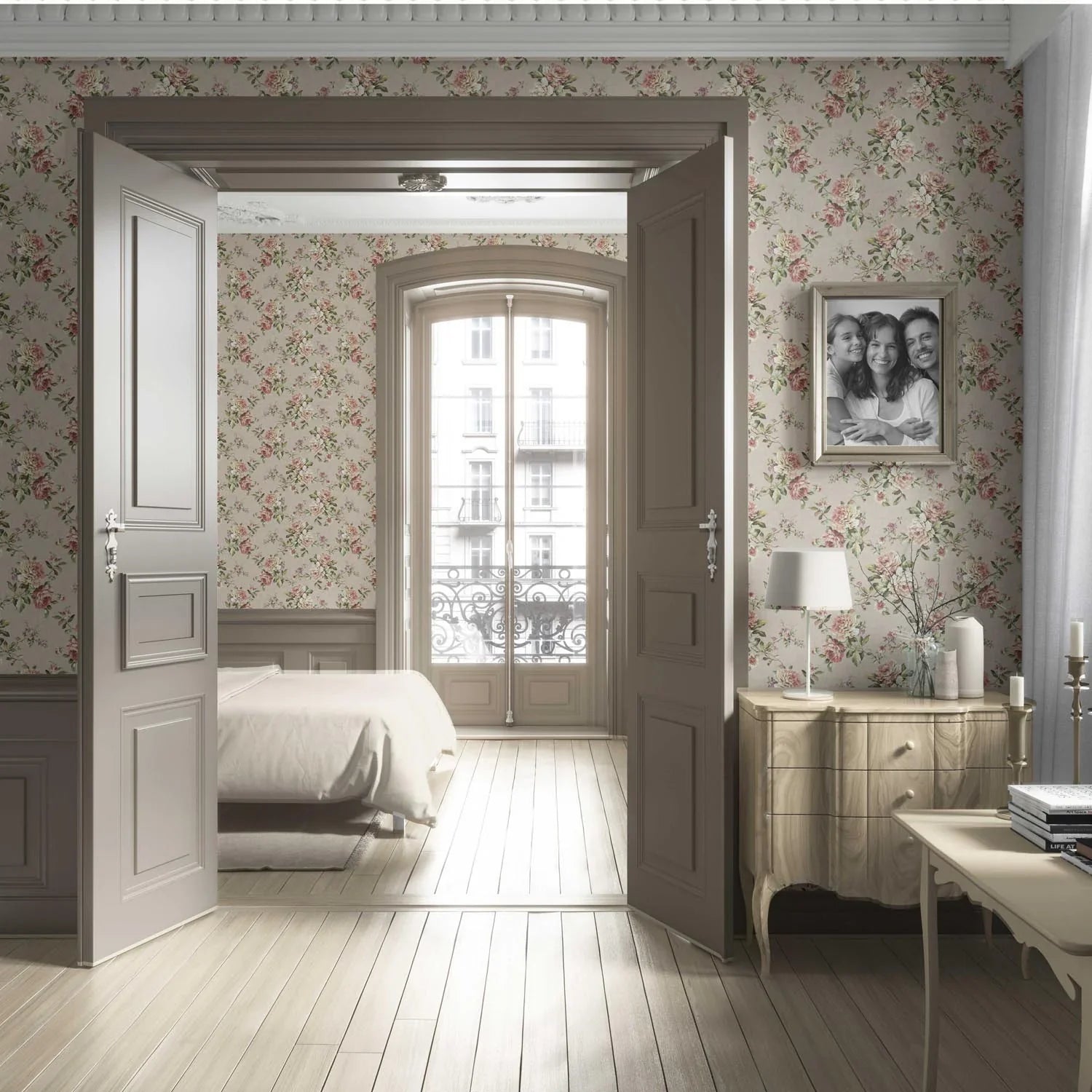 English Floral Patterned Living Room Wallpaper (Beige/ Warm Grey/ Pink/ Green)