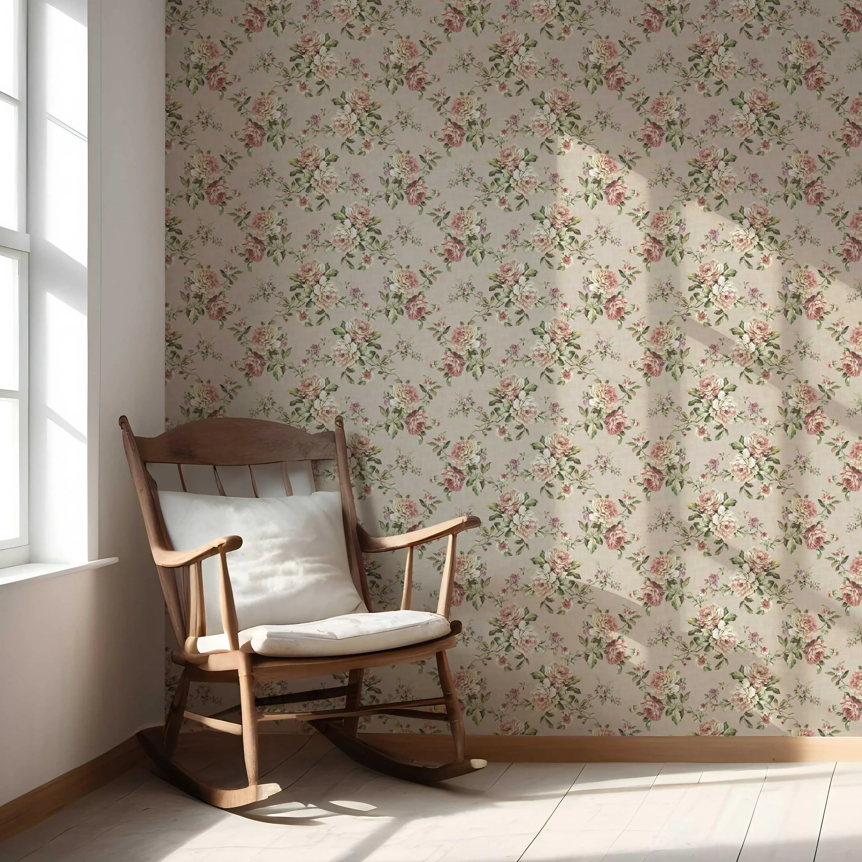 English Floral Patterned Nursery Wallpaper (Beige/ Warm Grey/ Pink/ Green)