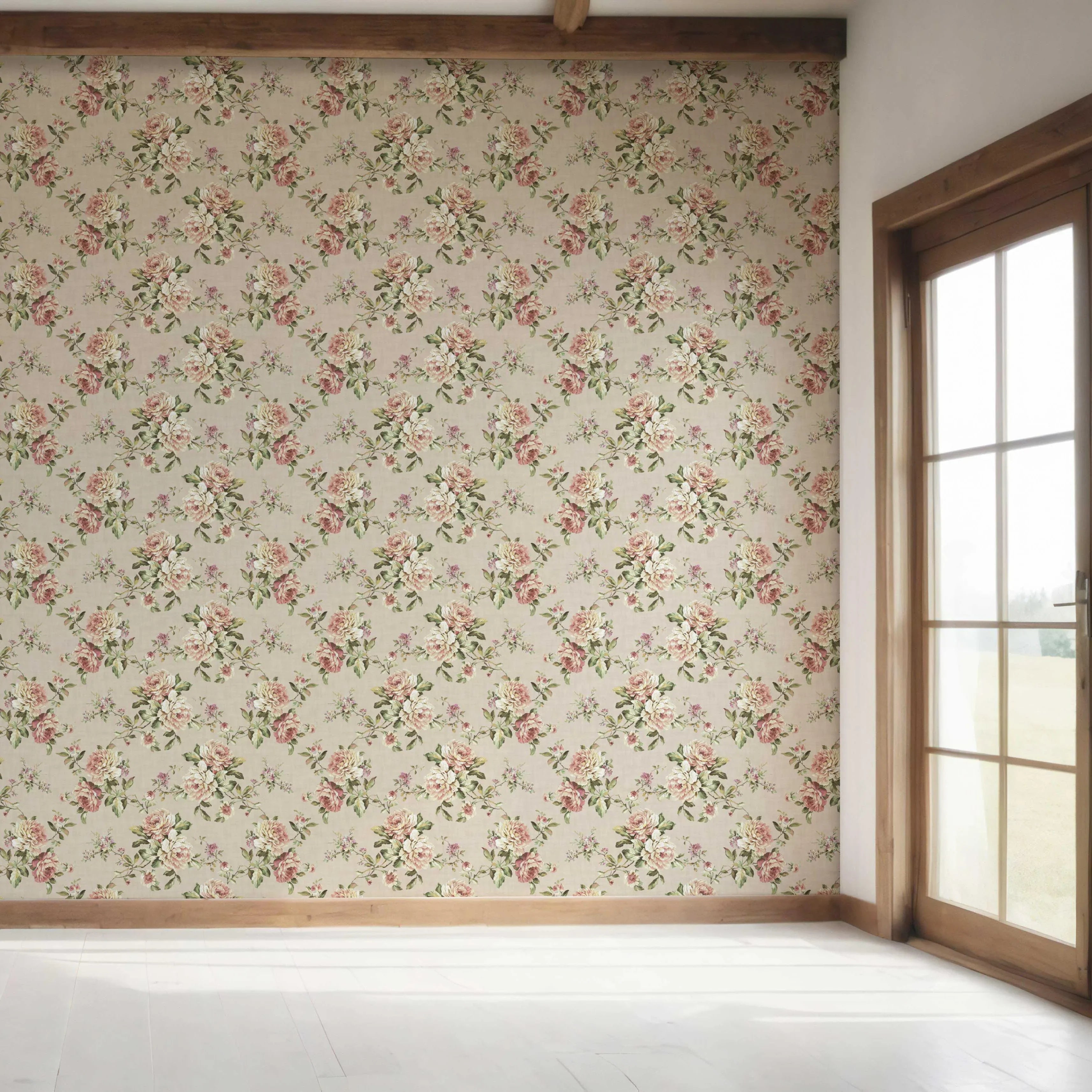 English Floral Patterned Bedroom Wallpaper (Beige/ Warm Grey/ Pink/ Green)