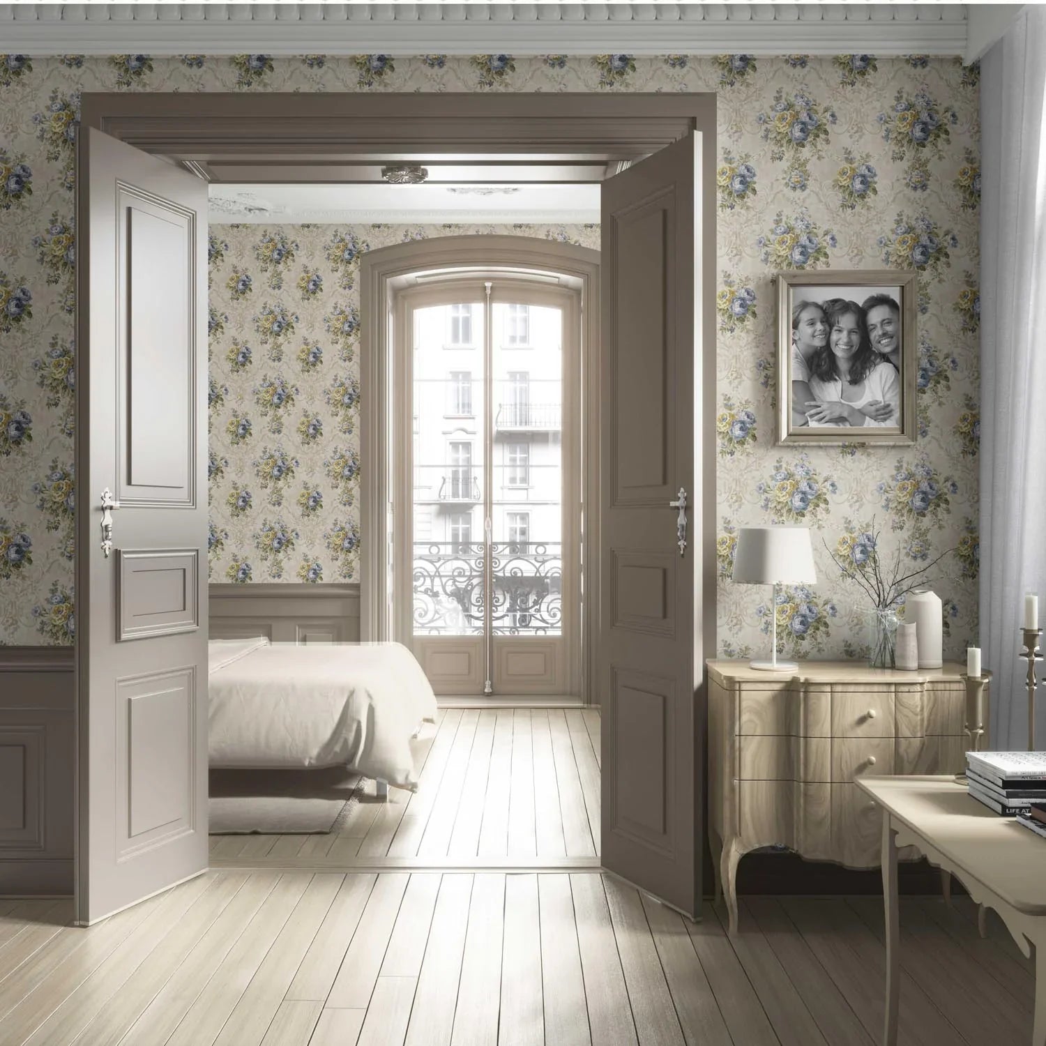 Floral Damask Patterned Living Room Wallpaper Sample (Beige/ Blue/ Yellow/ Green/ Taupe)